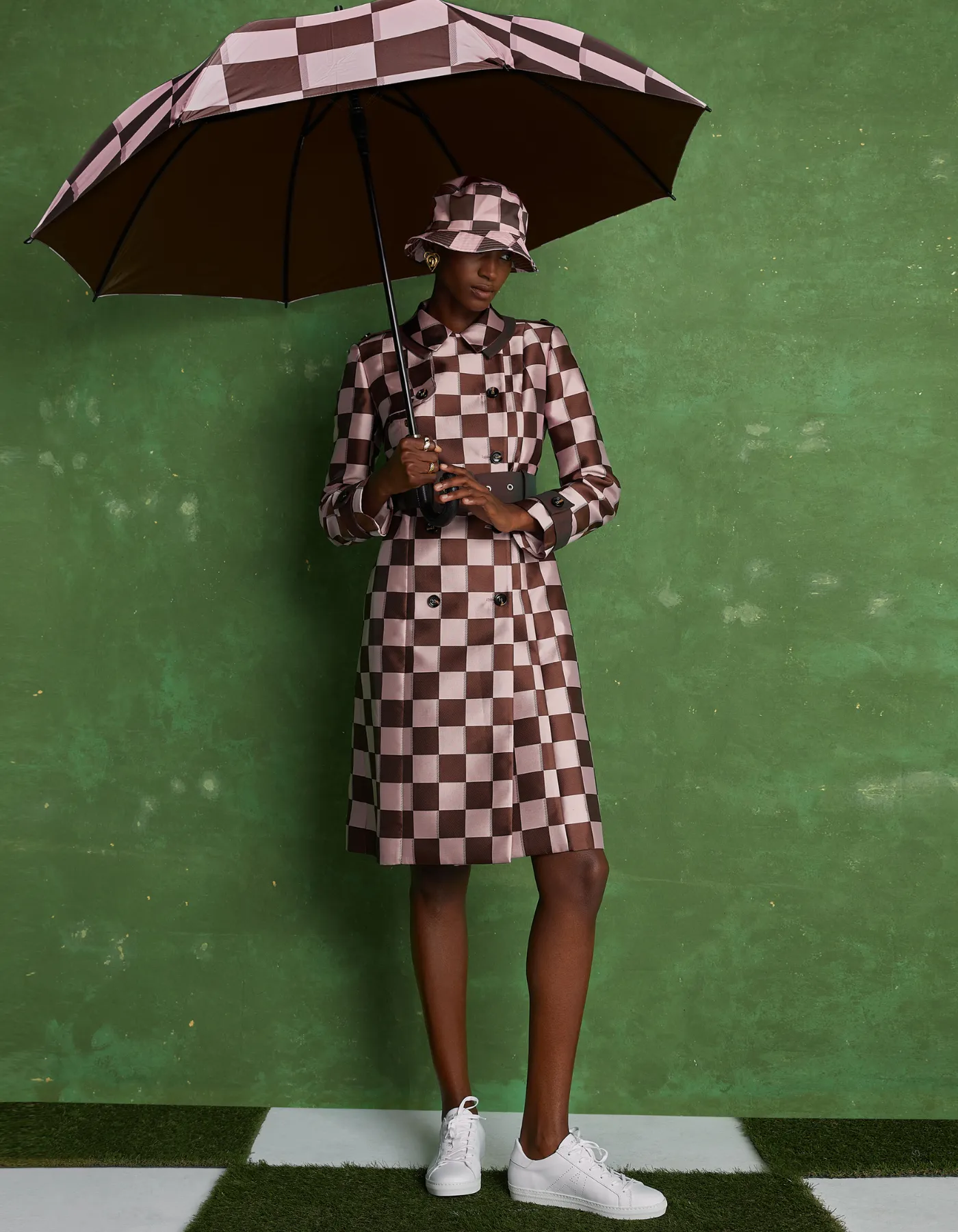 Emily Pink Brown Puzzle Print Trench Coat