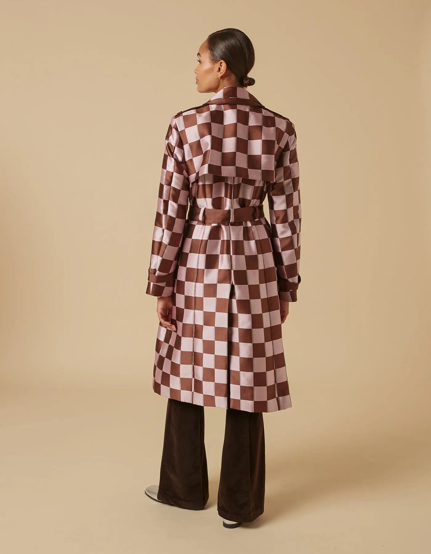 Emily Pink Brown Puzzle Print Trench Coat