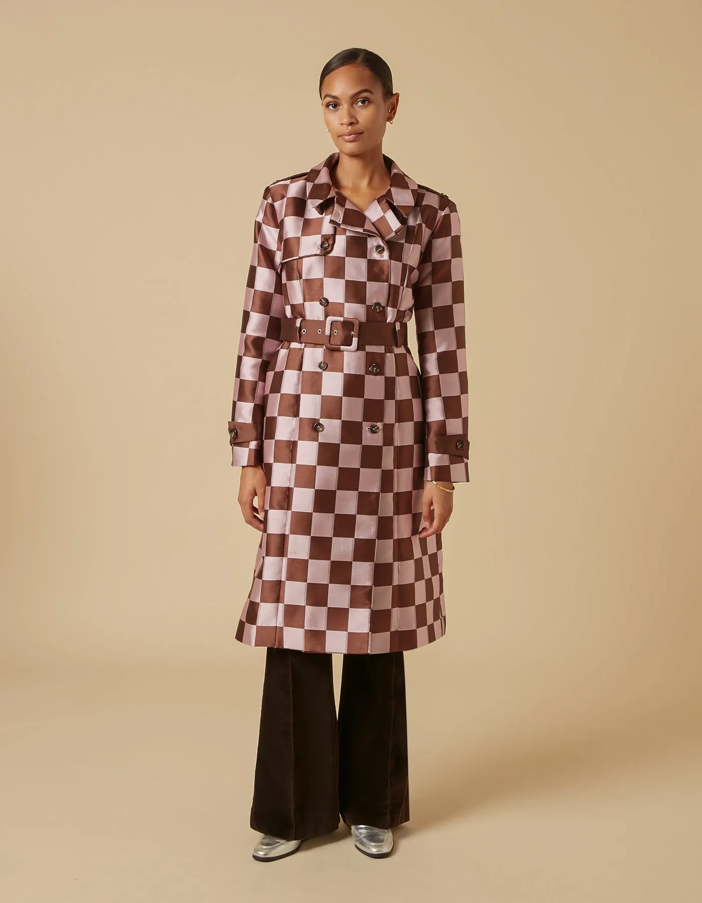 Emily Pink Brown Puzzle Print Trench Coat
