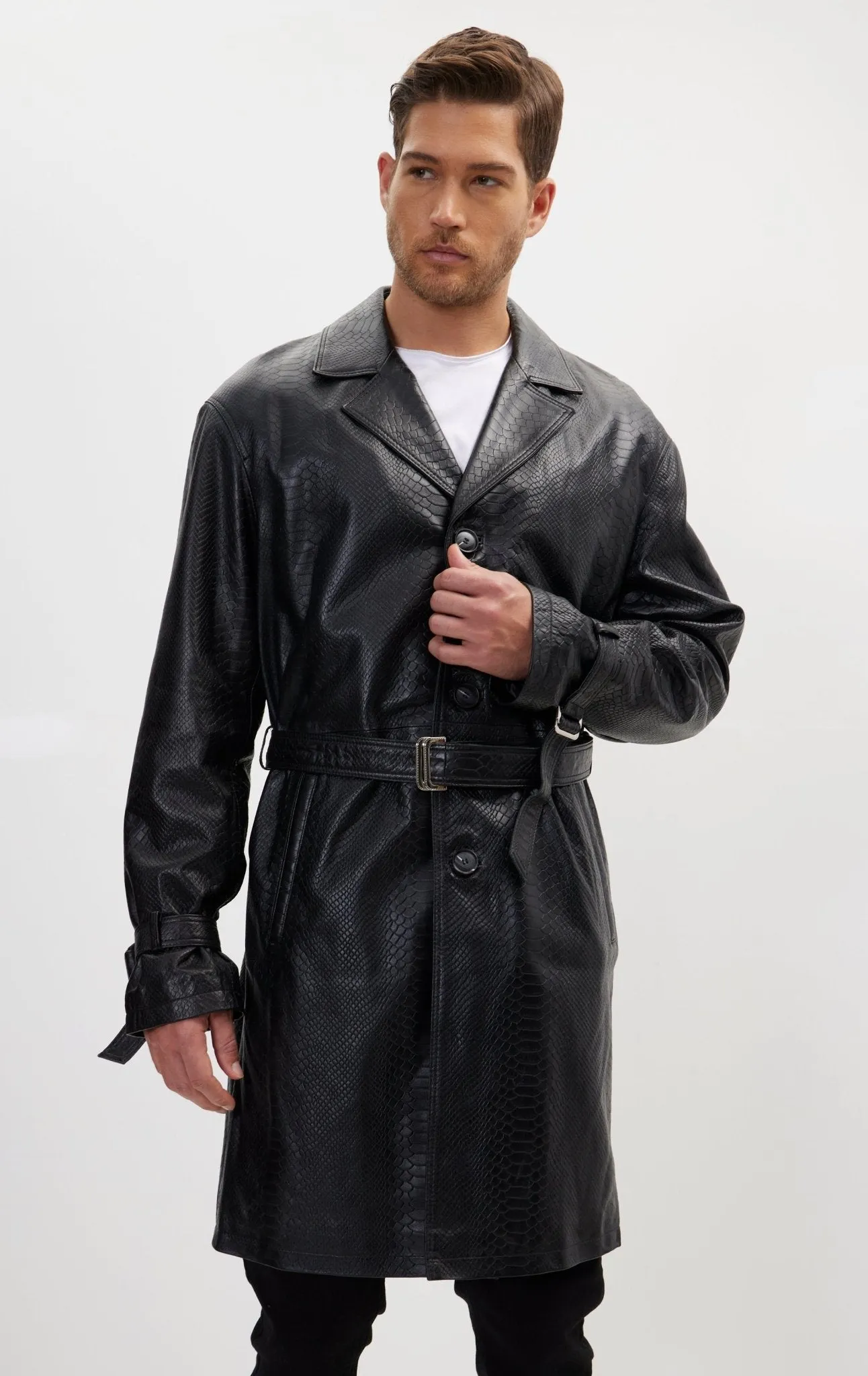 Enforcer'S Belted Leather Trench - Black Embossed