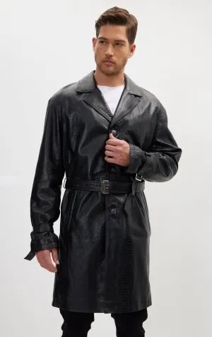 Enforcer'S Belted Leather Trench - Black Embossed