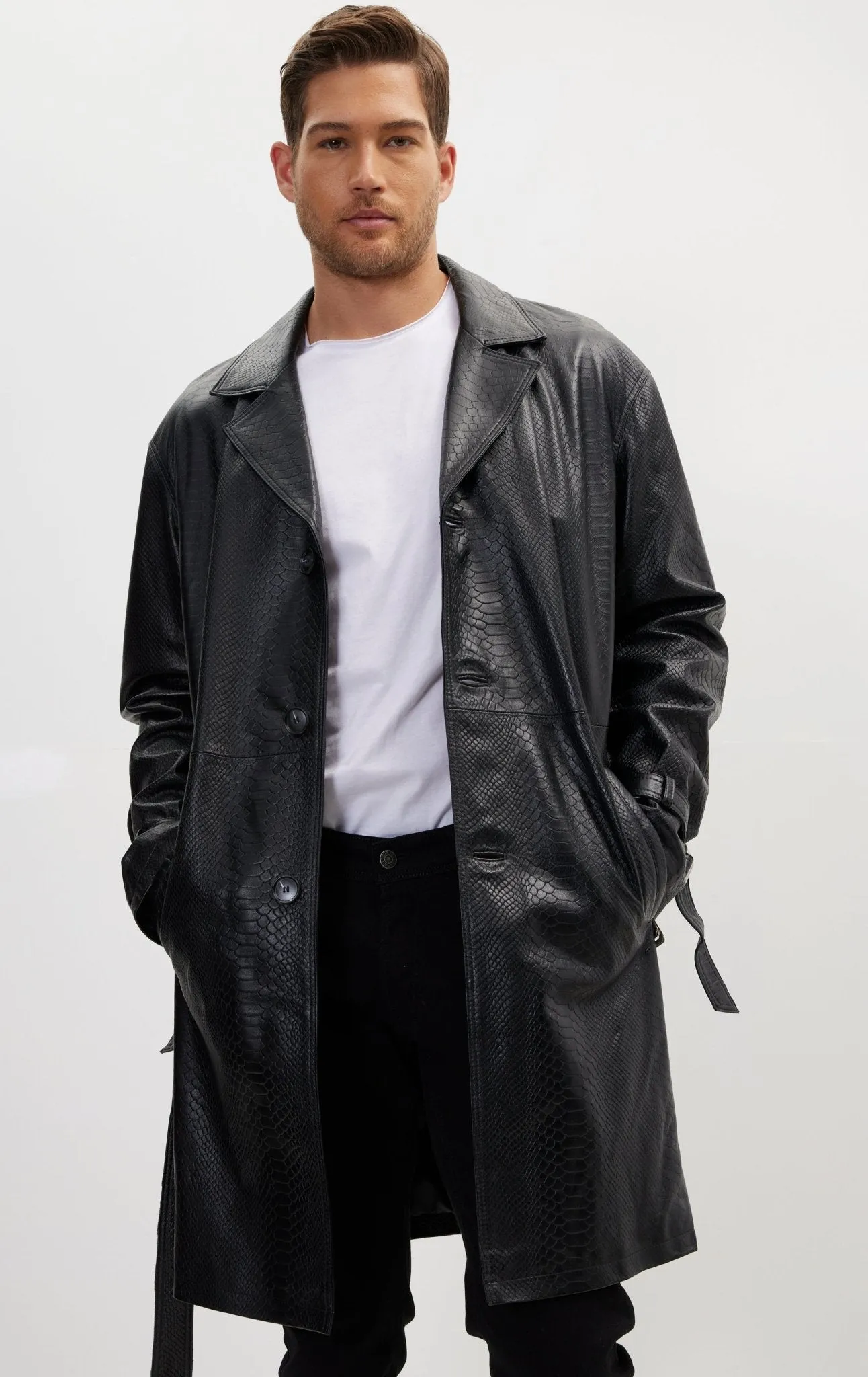 Enforcer'S Belted Leather Trench - Black Embossed