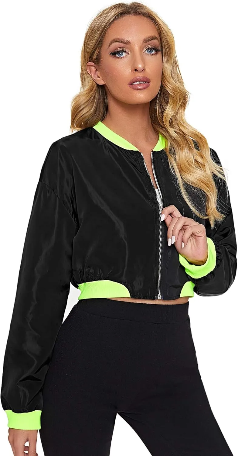 Floerns Women's Long Sleeve Lightweight Crop Bomber Jacket