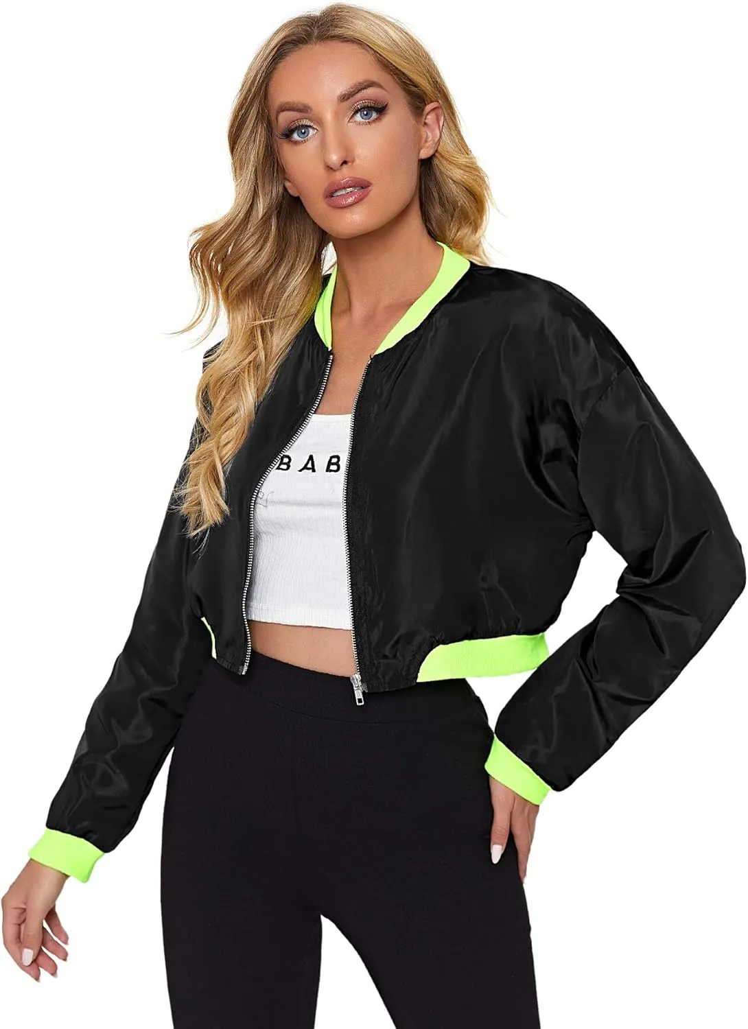 Floerns Women's Long Sleeve Lightweight Crop Bomber Jacket