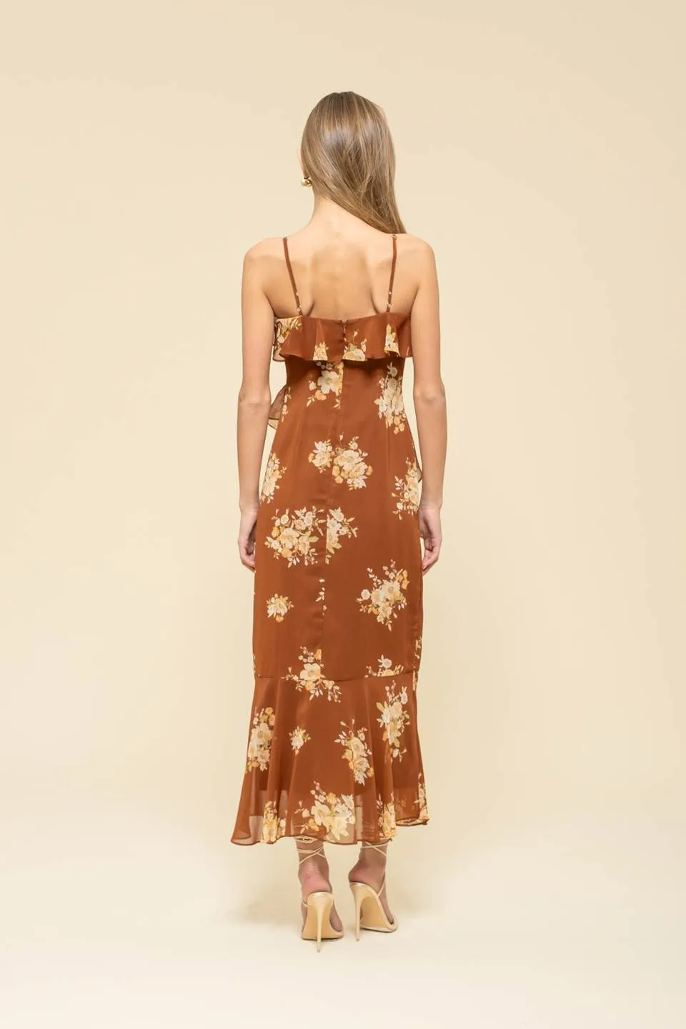 FLORAL PRINT RUFFLE WRAP SLEEVELESS MIDI DRESS