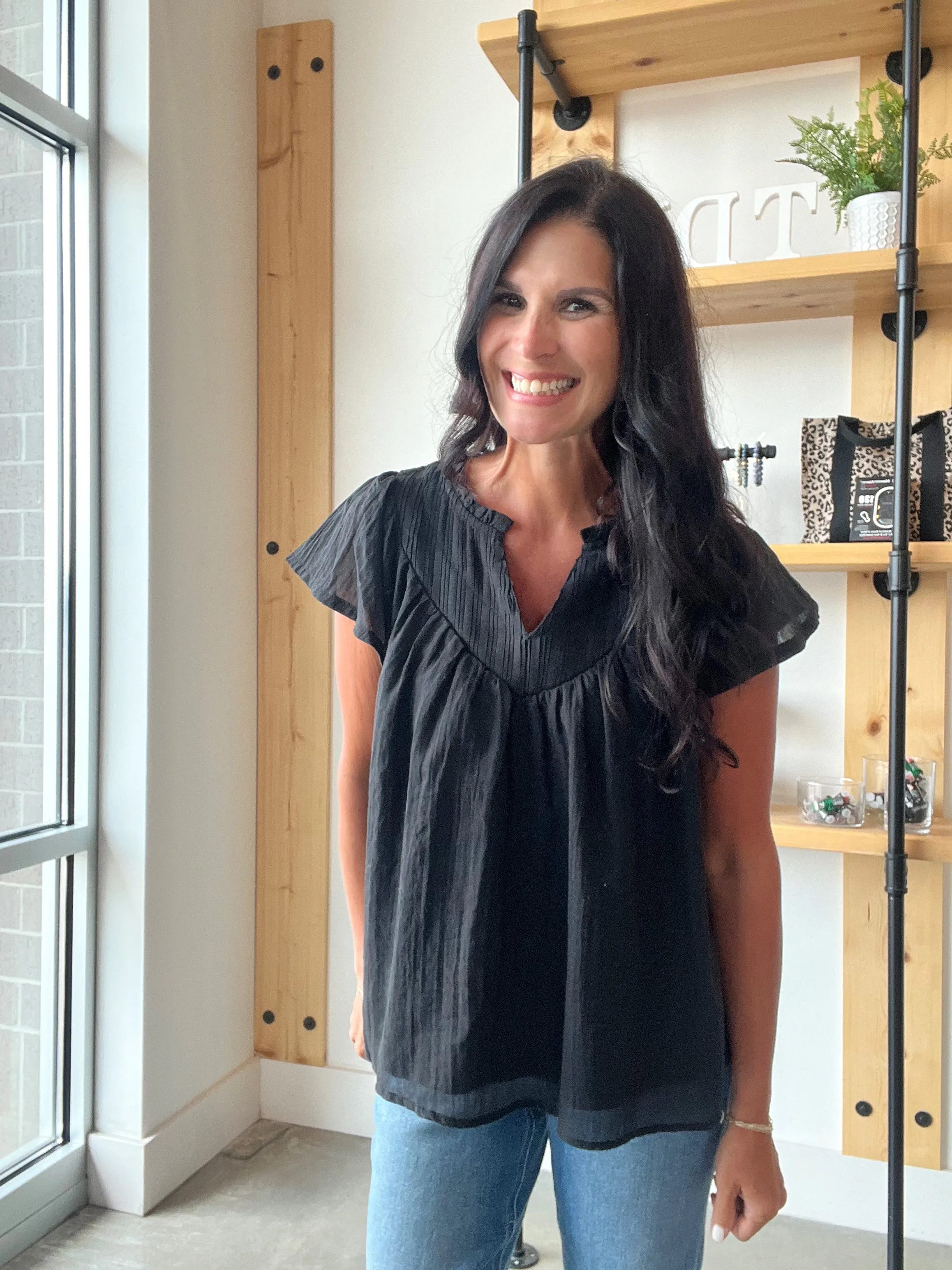 Flutter Sleeve Boho Blouse in Black
