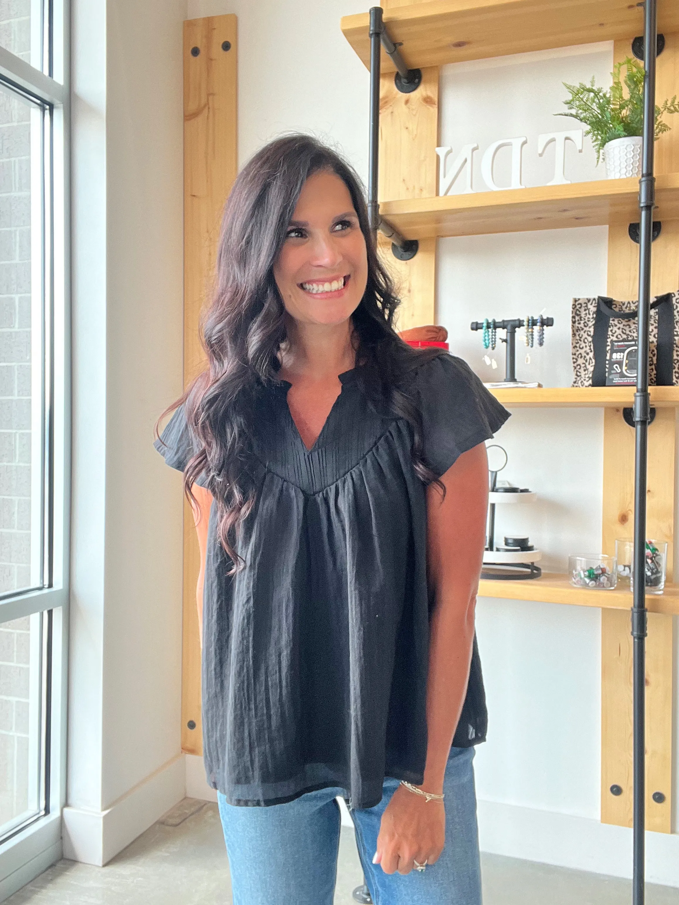 Flutter Sleeve Boho Blouse in Black