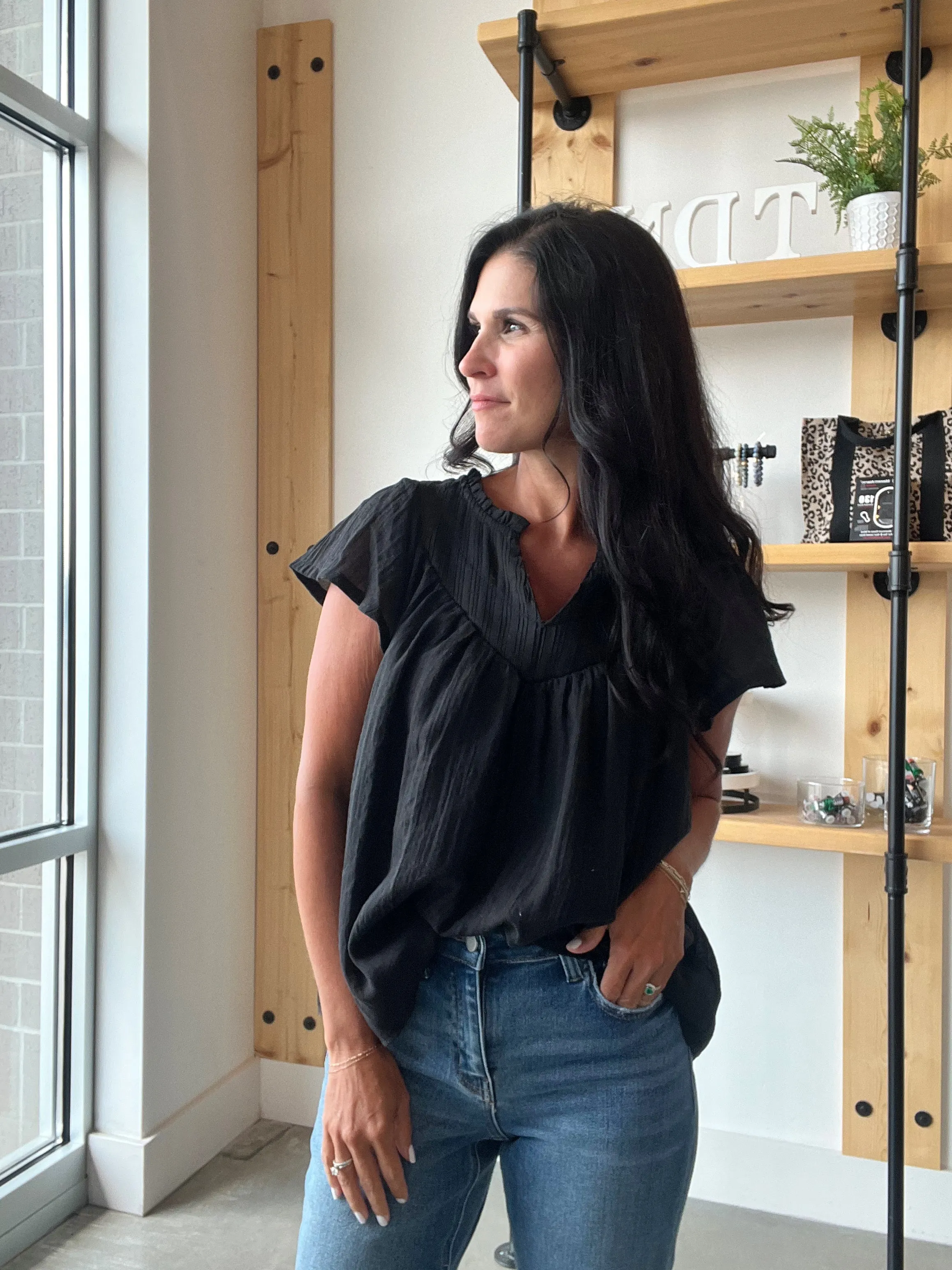Flutter Sleeve Boho Blouse in Black