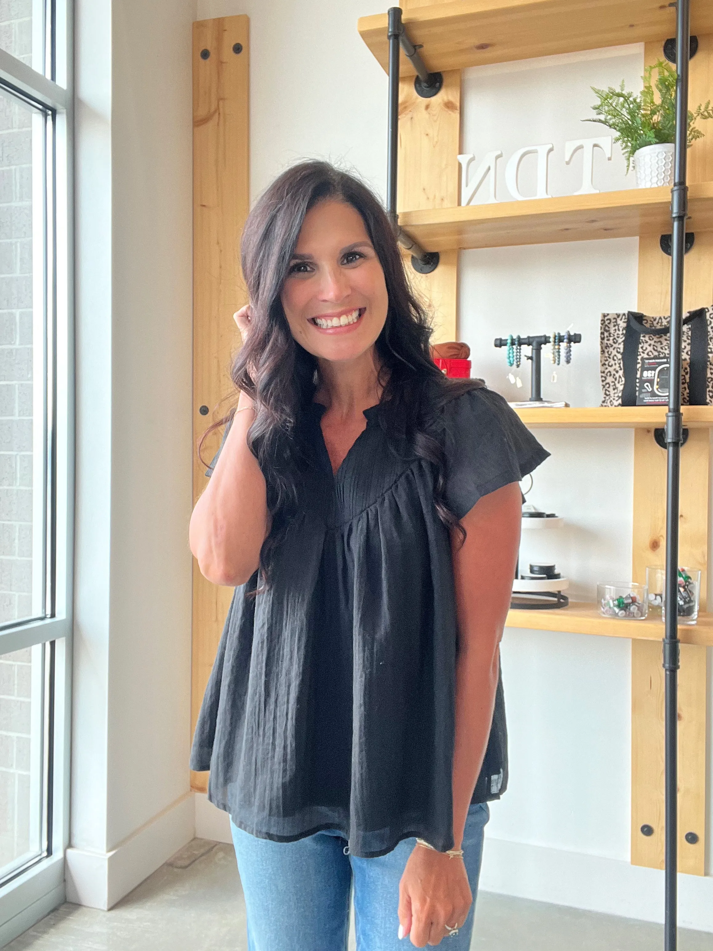 Flutter Sleeve Boho Blouse in Black