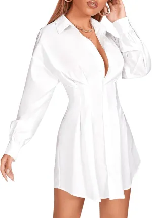 GORGLITTER Women's Button Up Long Sleeve Mini T Shirt Dress Lapel Collar Pleated Flared Short Dresses