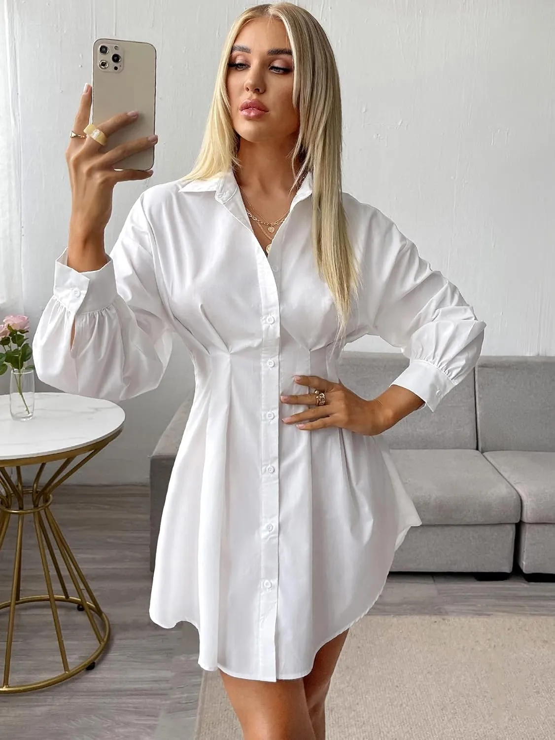 GORGLITTER Women's Button Up Long Sleeve Mini T Shirt Dress Lapel Collar Pleated Flared Short Dresses