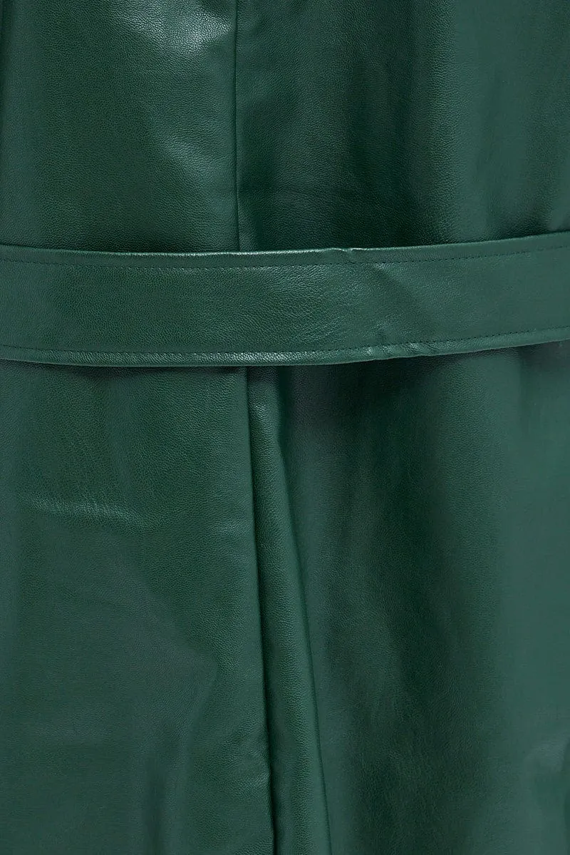 Green Trench Coat Long Sleeves Faux Leather