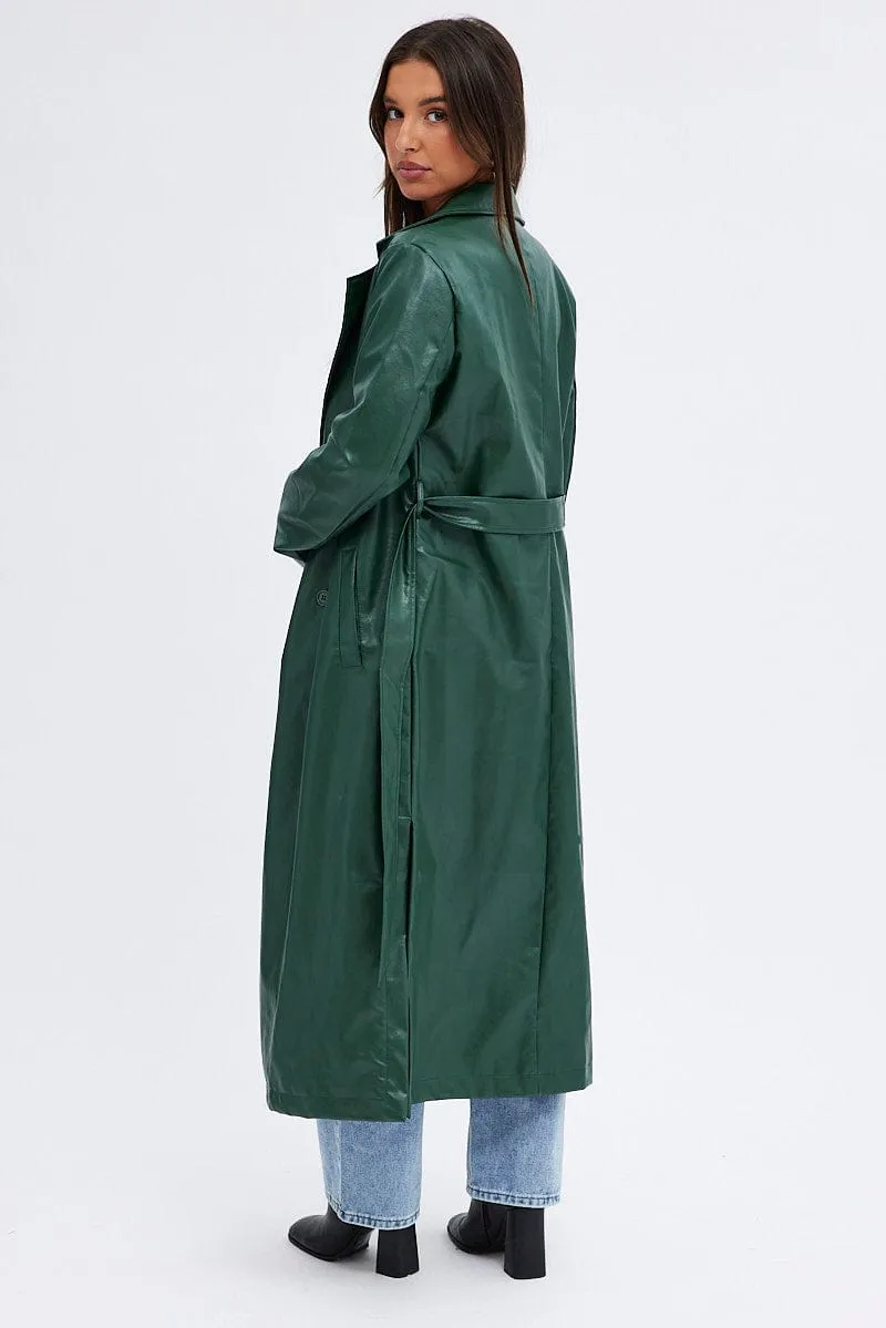 Green Trench Coat Long Sleeves Faux Leather