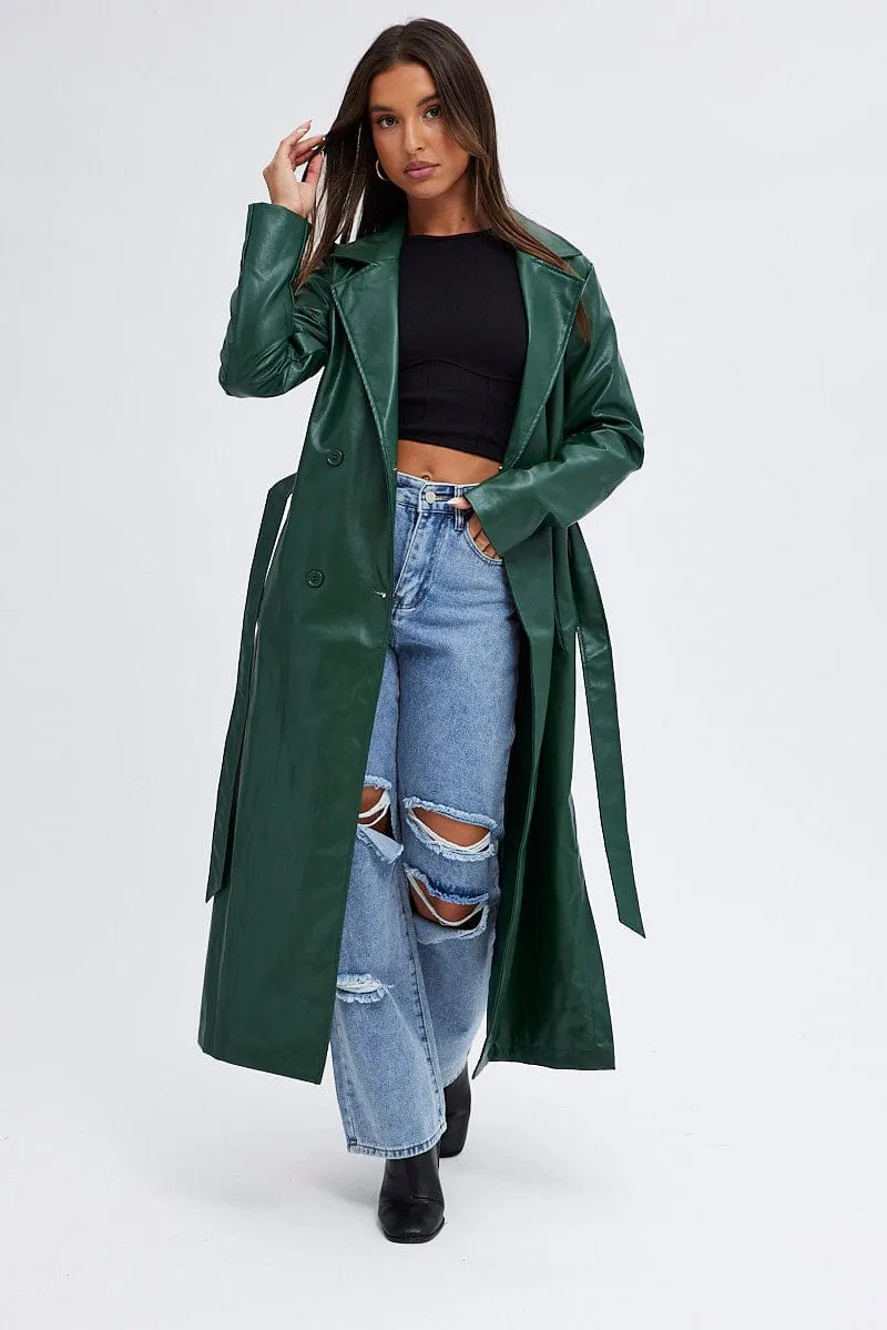 Green Trench Coat Long Sleeves Faux Leather