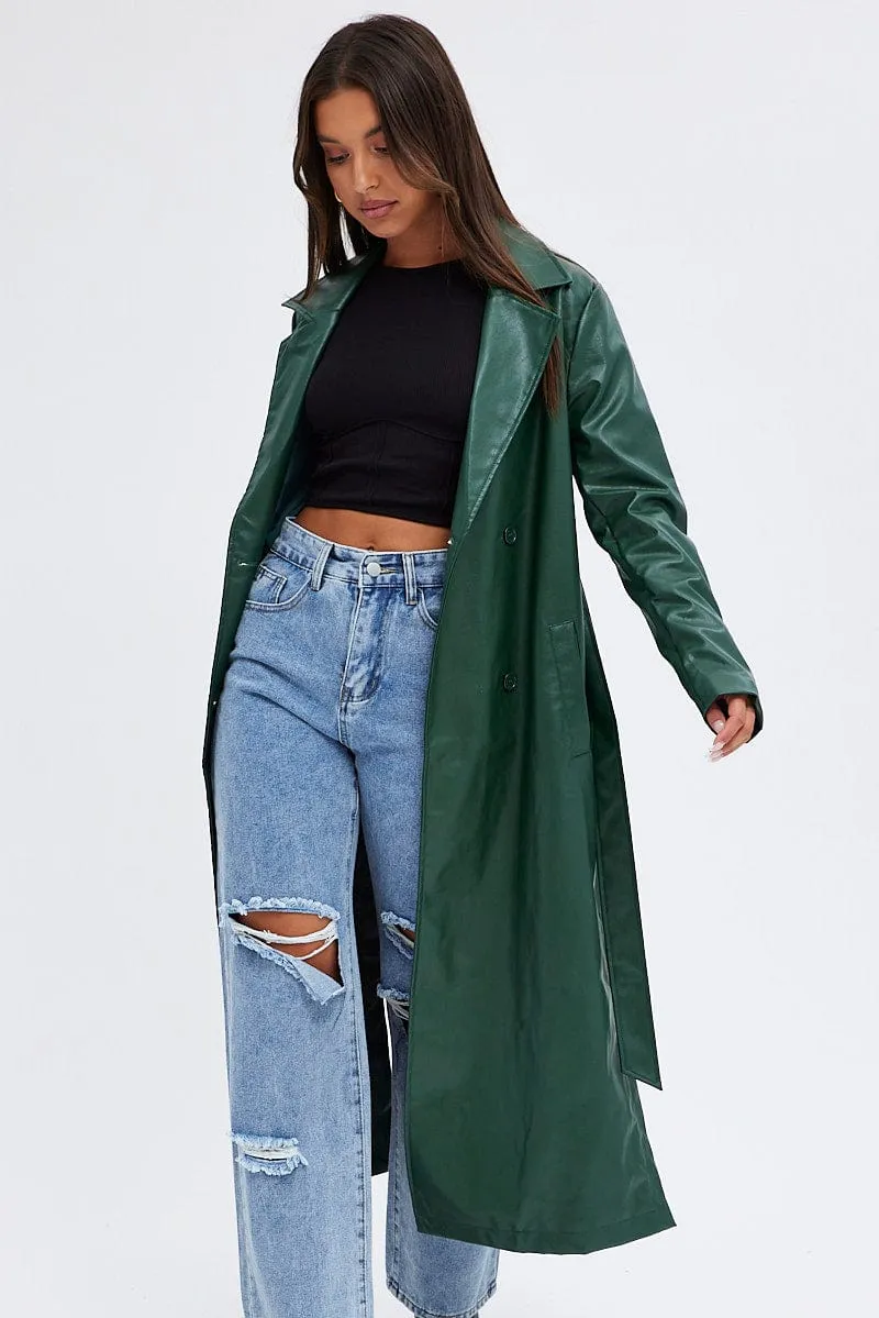 Green Trench Coat Long Sleeves Faux Leather