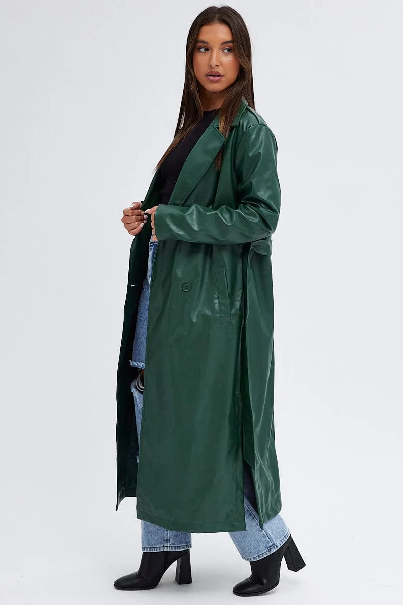 Green Trench Coat Long Sleeves Faux Leather