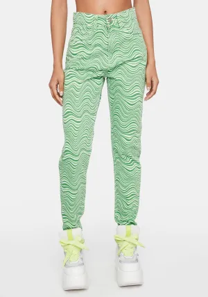 Green Wavy Print Mom Jeans