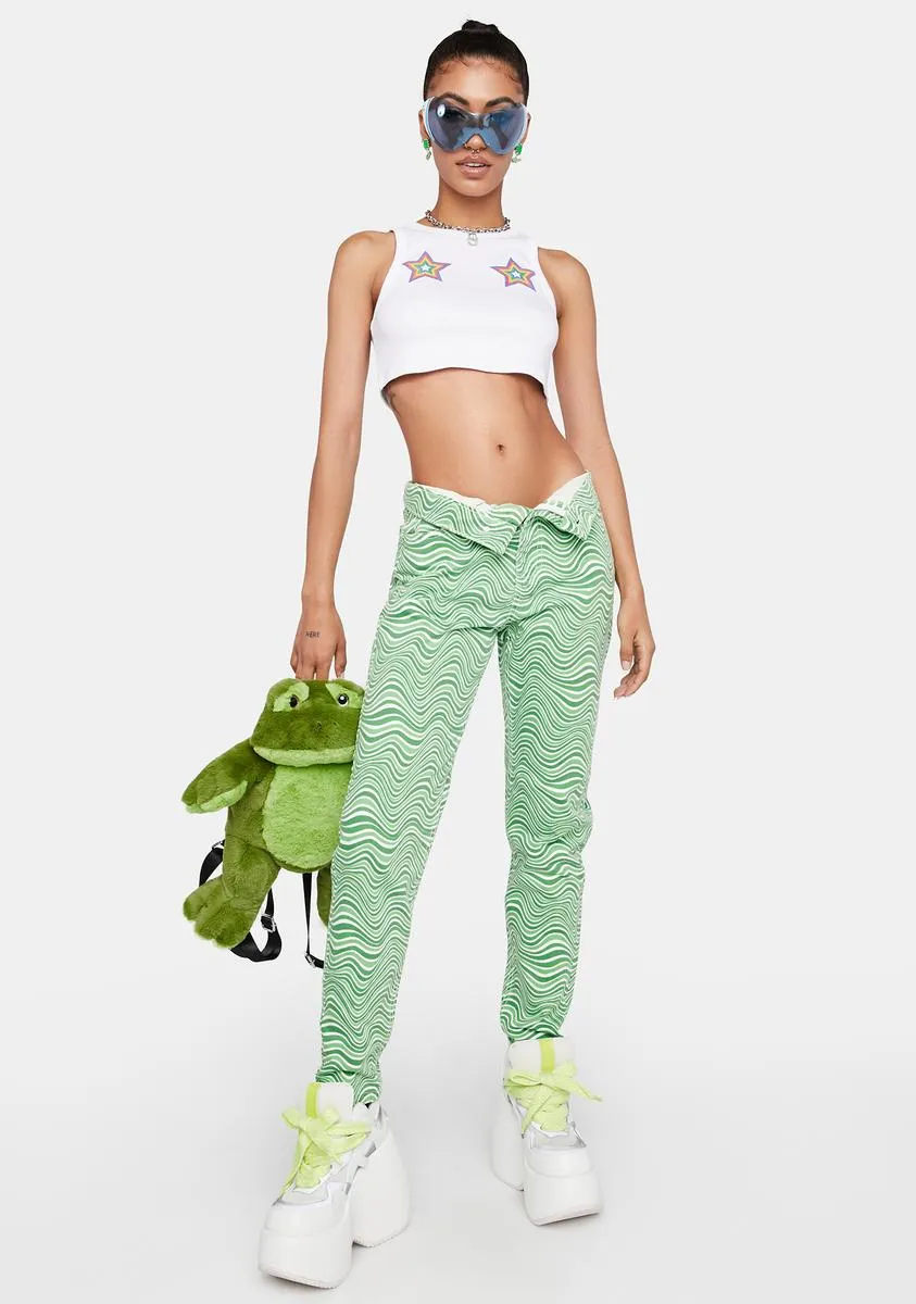 Green Wavy Print Mom Jeans
