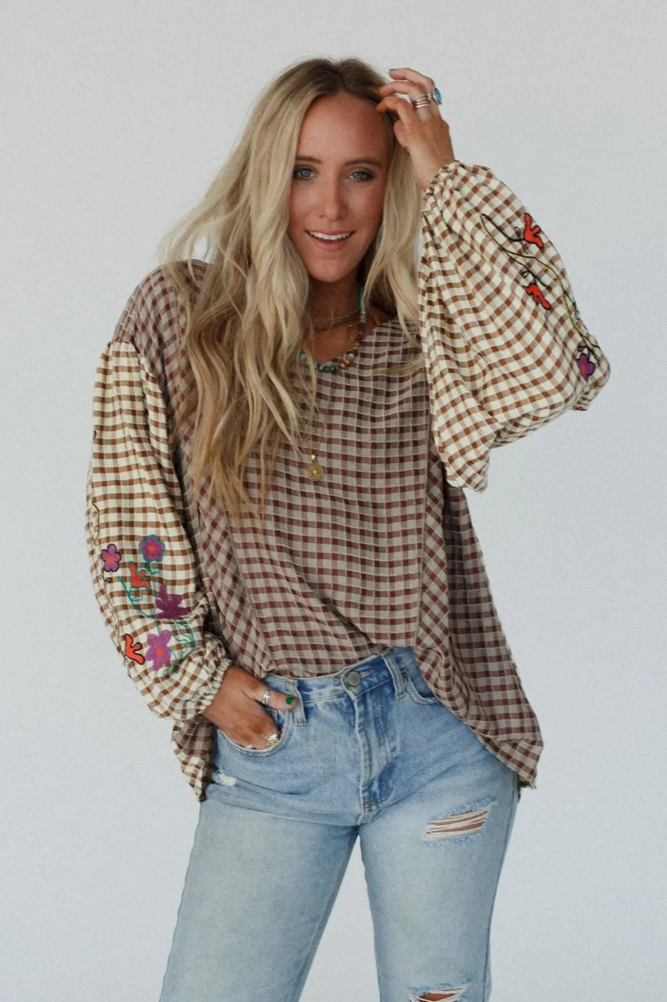 Homestead Plaid Floral Top - Mushroom