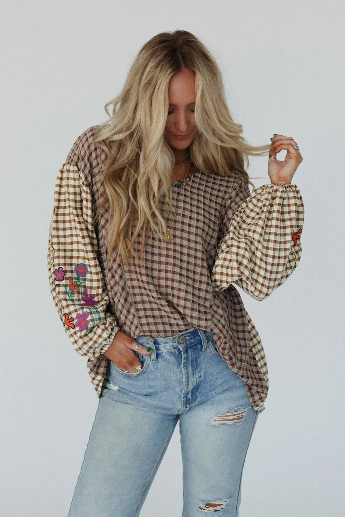 Homestead Plaid Floral Top - Mushroom