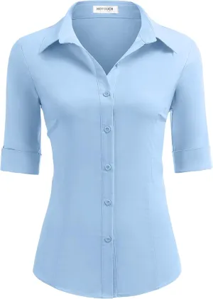HOTOUCH Women's Basic Button Down Shirts 3/4 Sleeve Stretch Button Up Dress Shirt Slim Fit Waitress Work Shirts