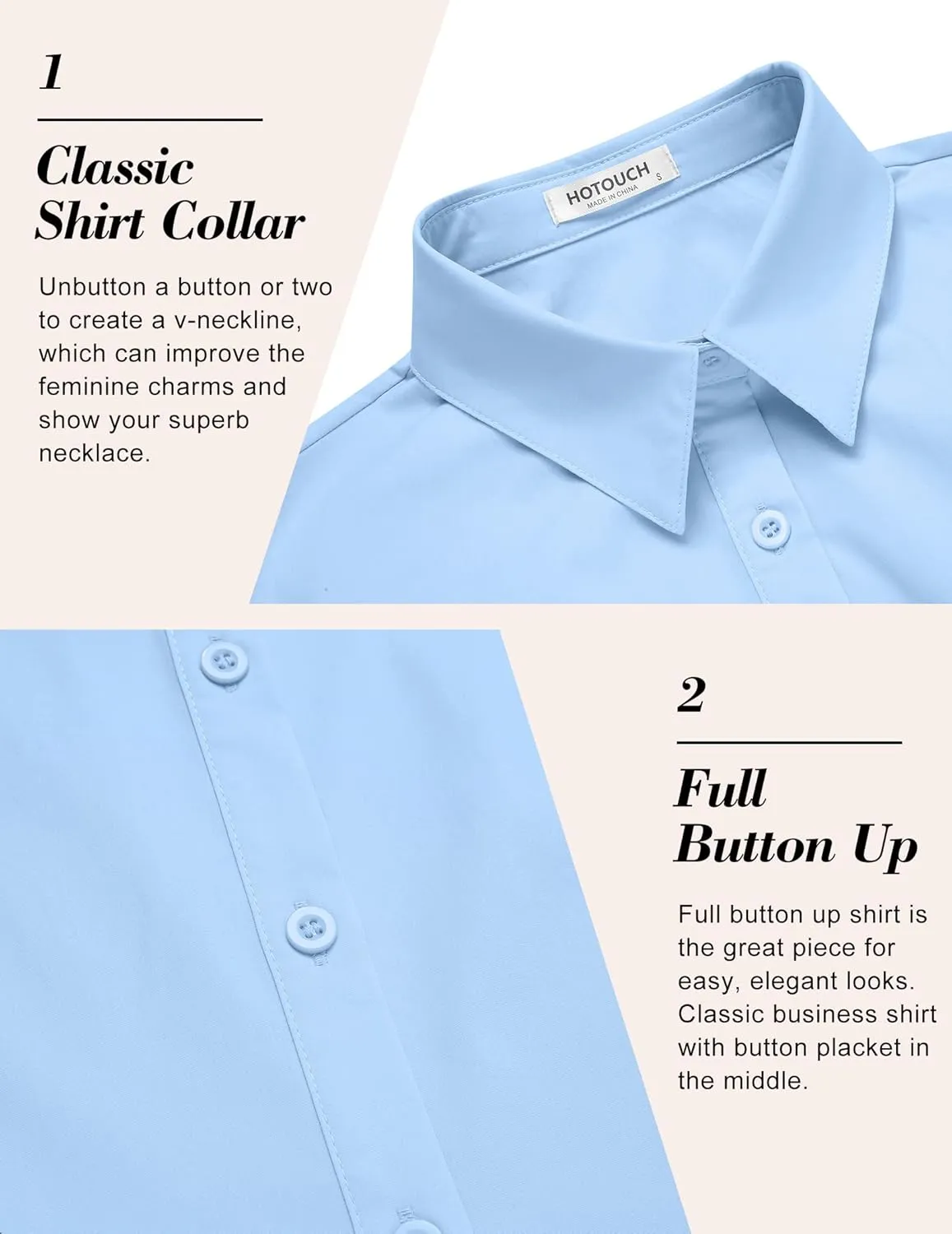HOTOUCH Women's Basic Button Down Shirts 3/4 Sleeve Stretch Button Up Dress Shirt Slim Fit Waitress Work Shirts