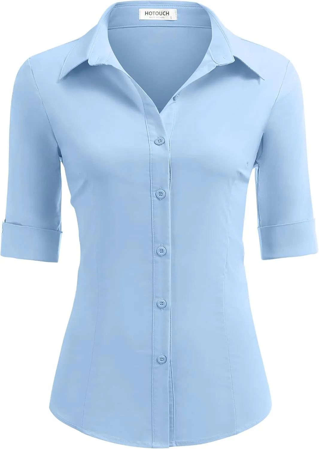 HOTOUCH Women's Basic Button Down Shirts 3/4 Sleeve Stretch Button Up Dress Shirt Slim Fit Waitress Work Shirts