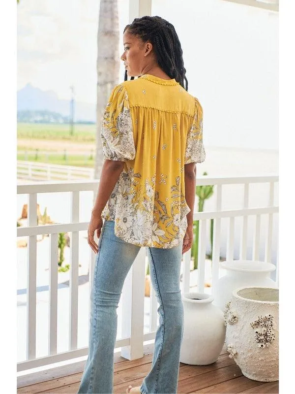JAASE Womens Calla Lily Print Sierra Short Sleeve Blouse - Yellow