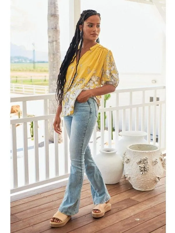 JAASE Womens Calla Lily Print Sierra Short Sleeve Blouse - Yellow