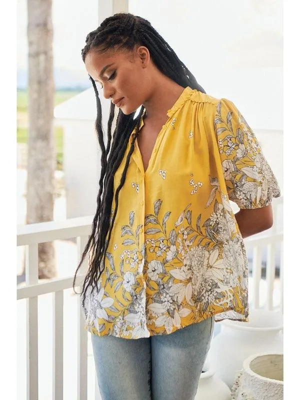 JAASE Womens Calla Lily Print Sierra Short Sleeve Blouse - Yellow