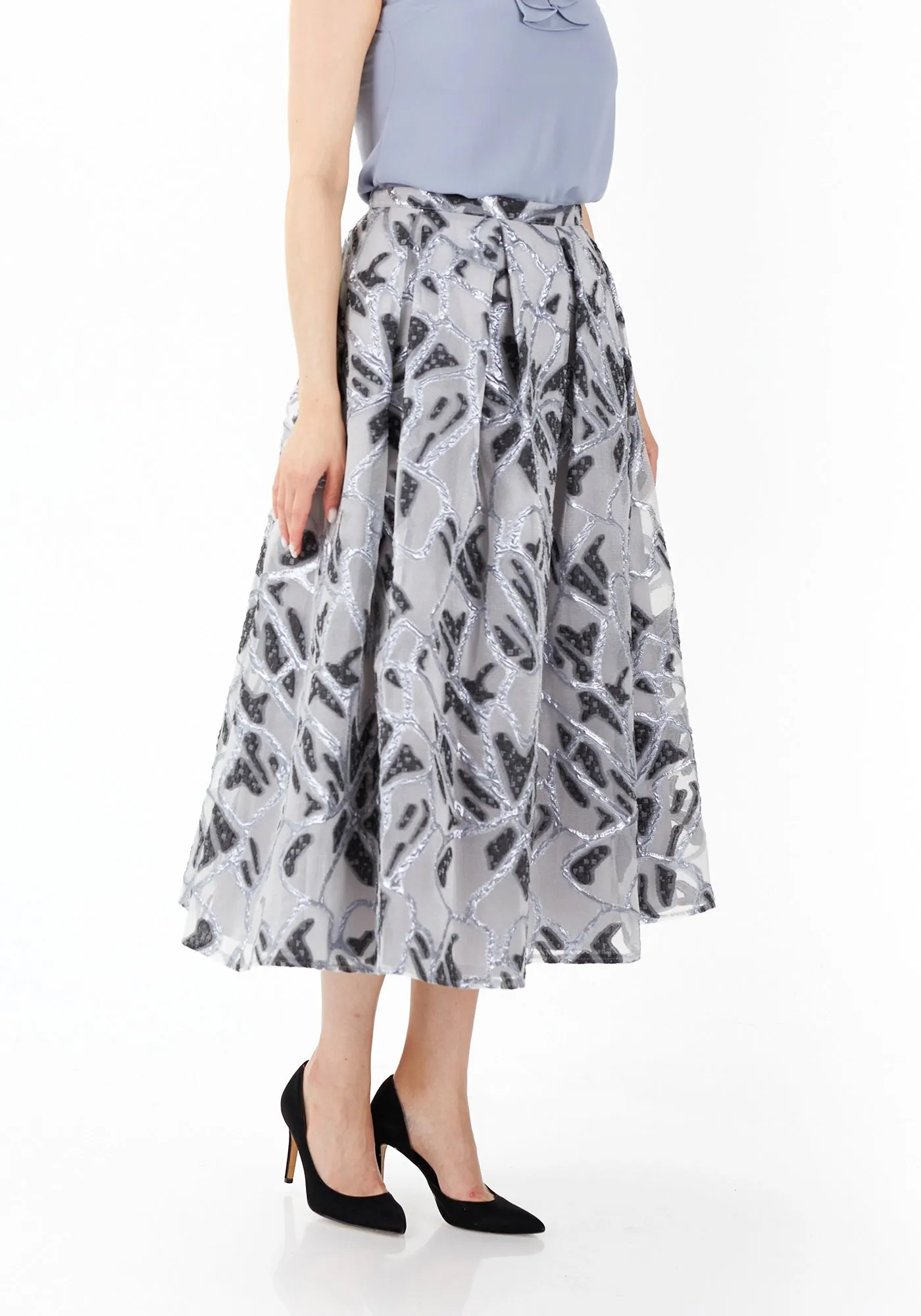 Jacquard Organza Flare Pleated Midi Skirt