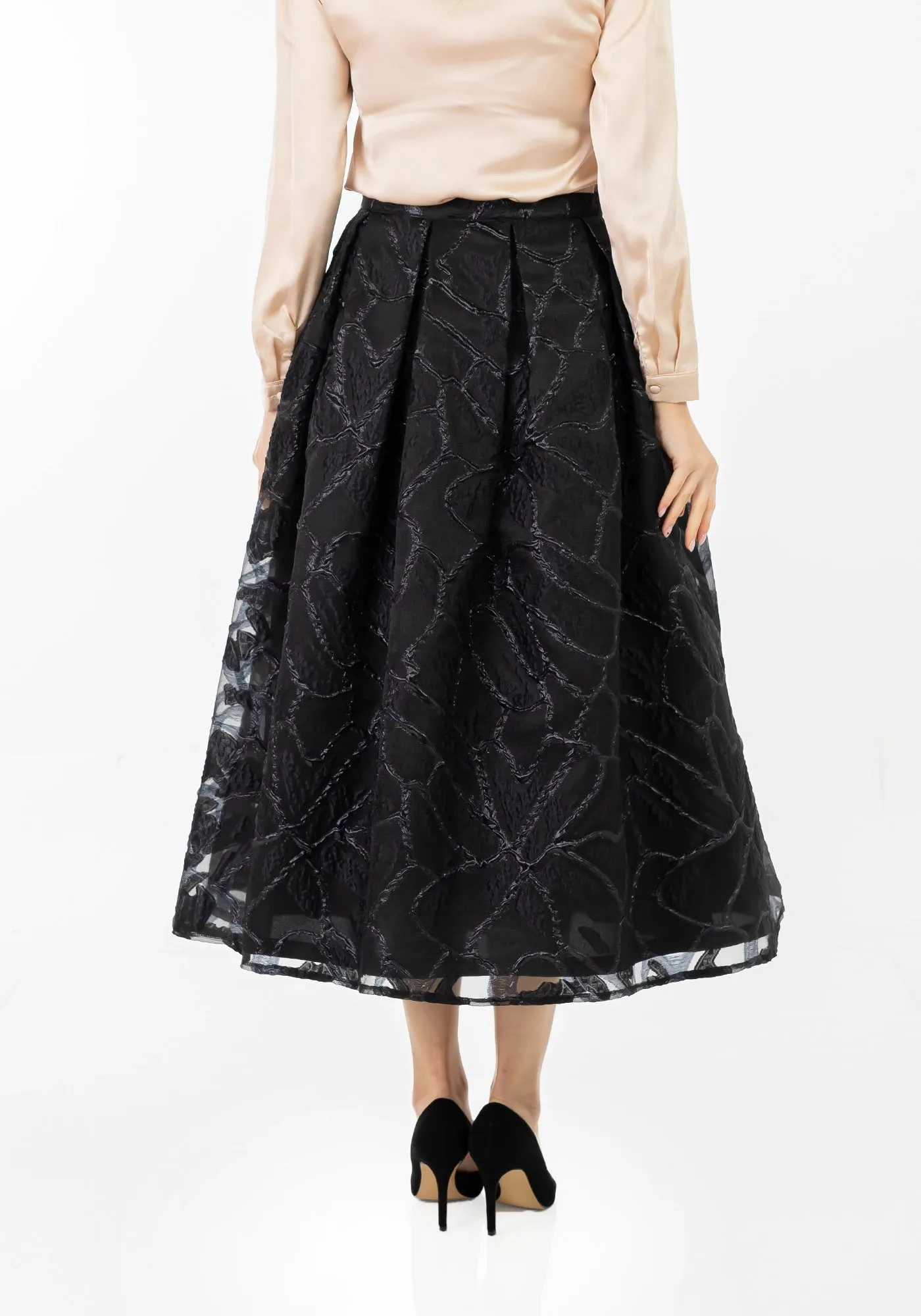 Jacquard Organza Flare Pleated Midi Skirt