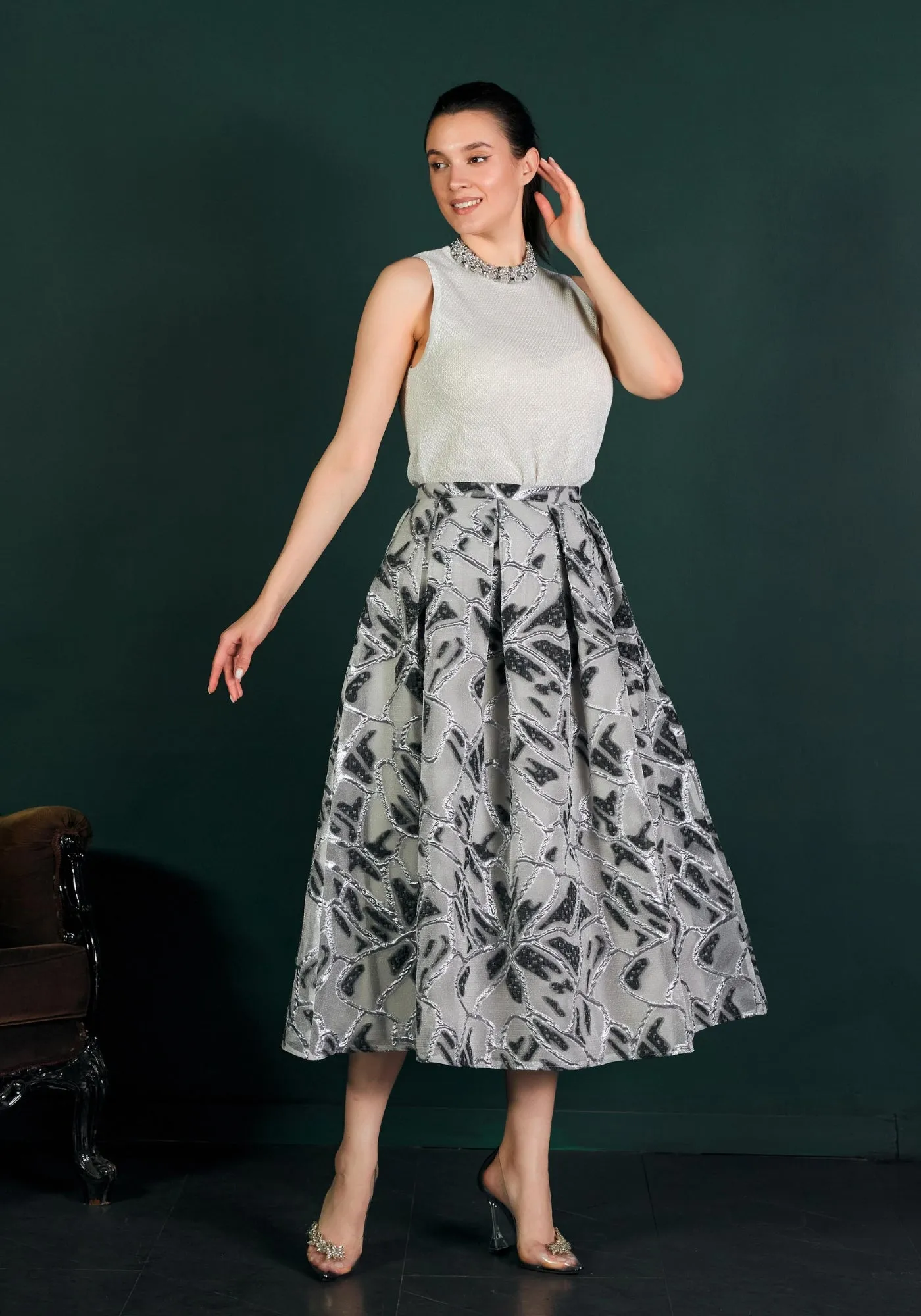 Jacquard Organza Flare Pleated Midi Skirt