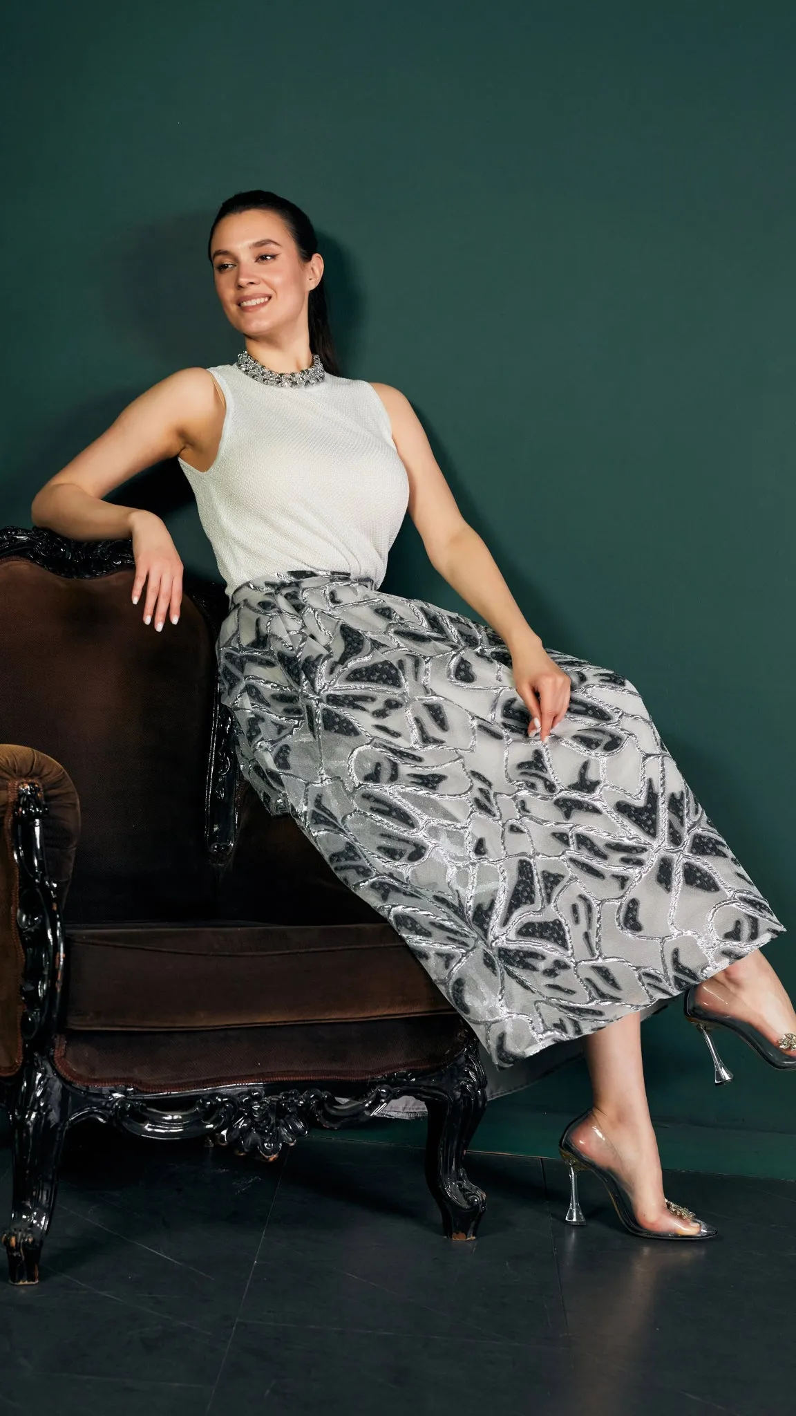Jacquard Organza Flare Pleated Midi Skirt