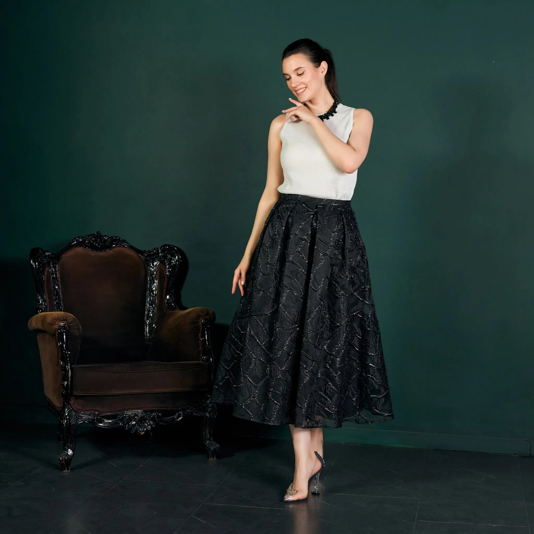 Jacquard Organza Flare Pleated Midi Skirt