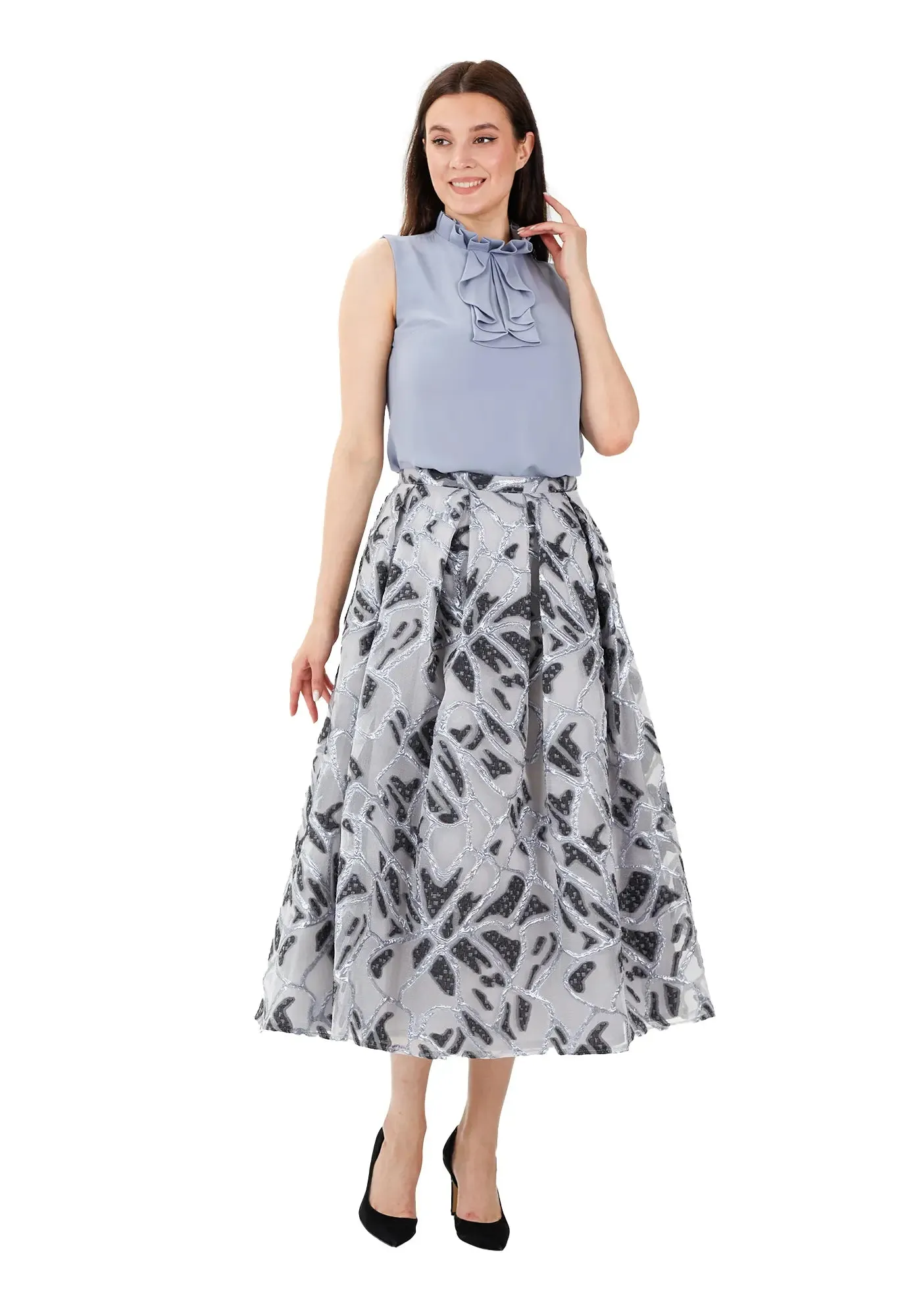 Jacquard Organza Flare Pleated Midi Skirt