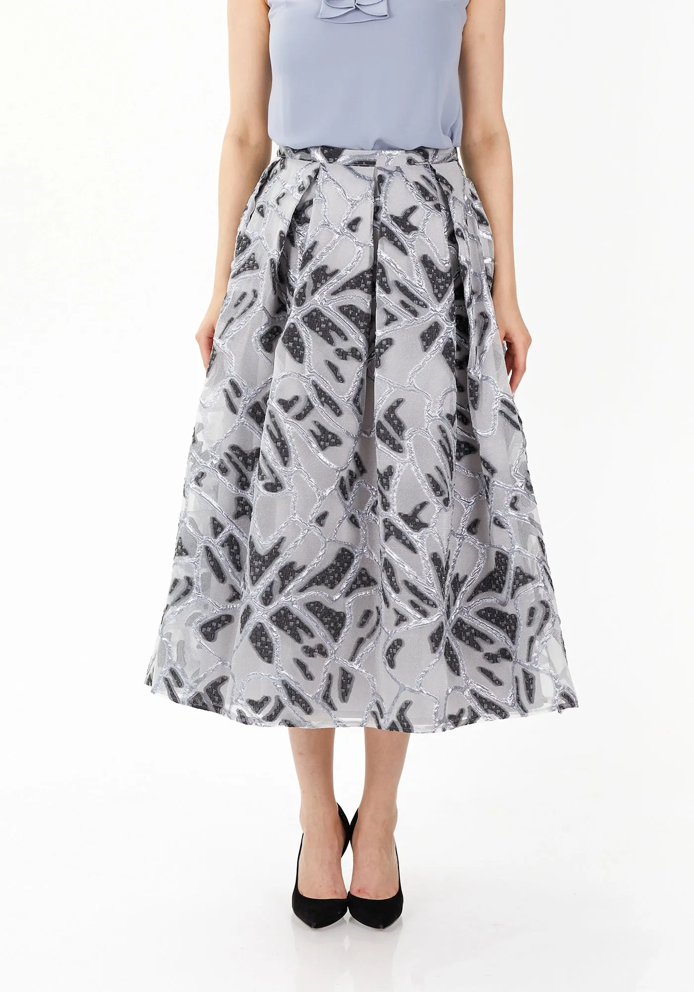 Jacquard Organza Flare Pleated Midi Skirt