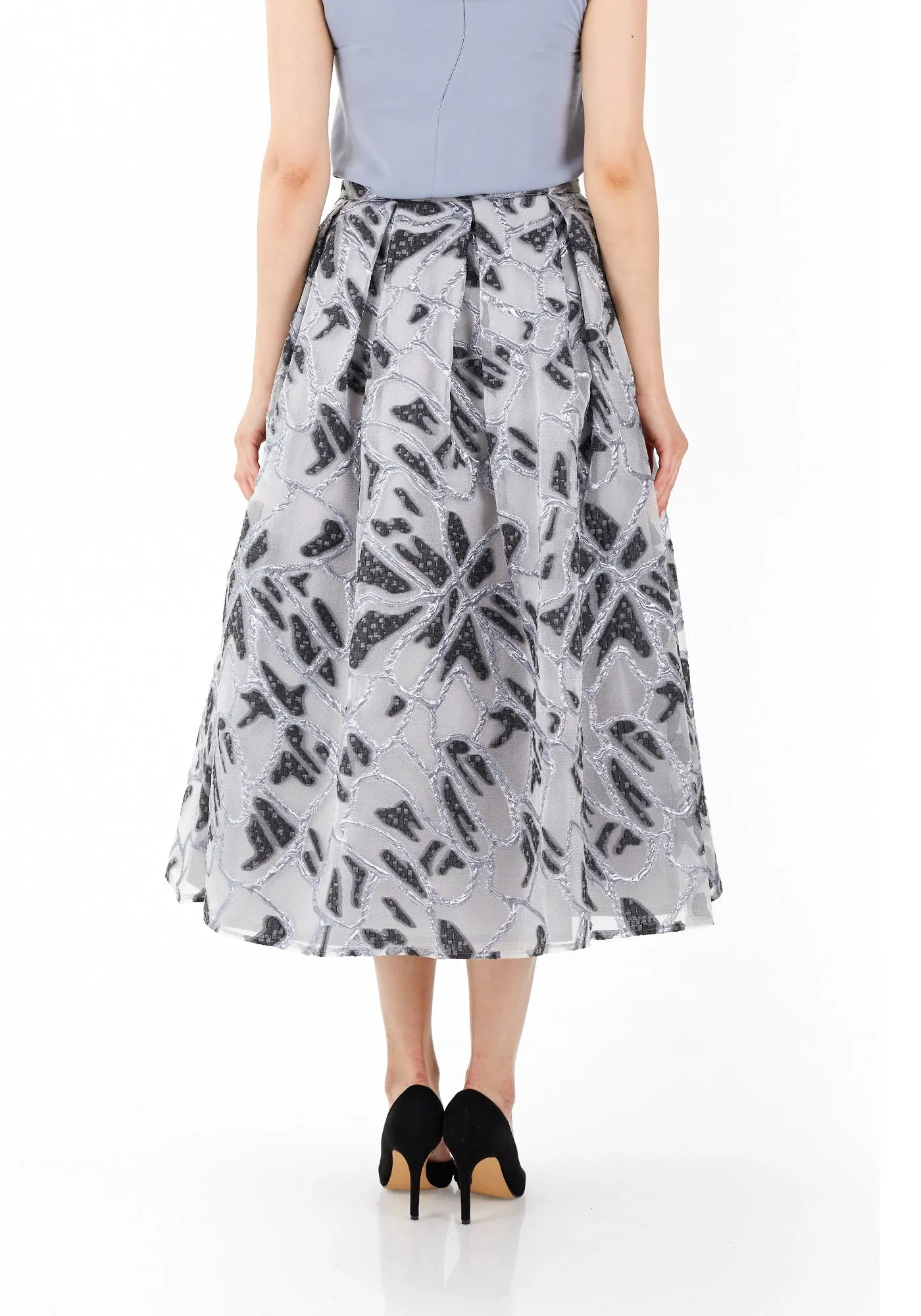 Jacquard Organza Flare Pleated Midi Skirt