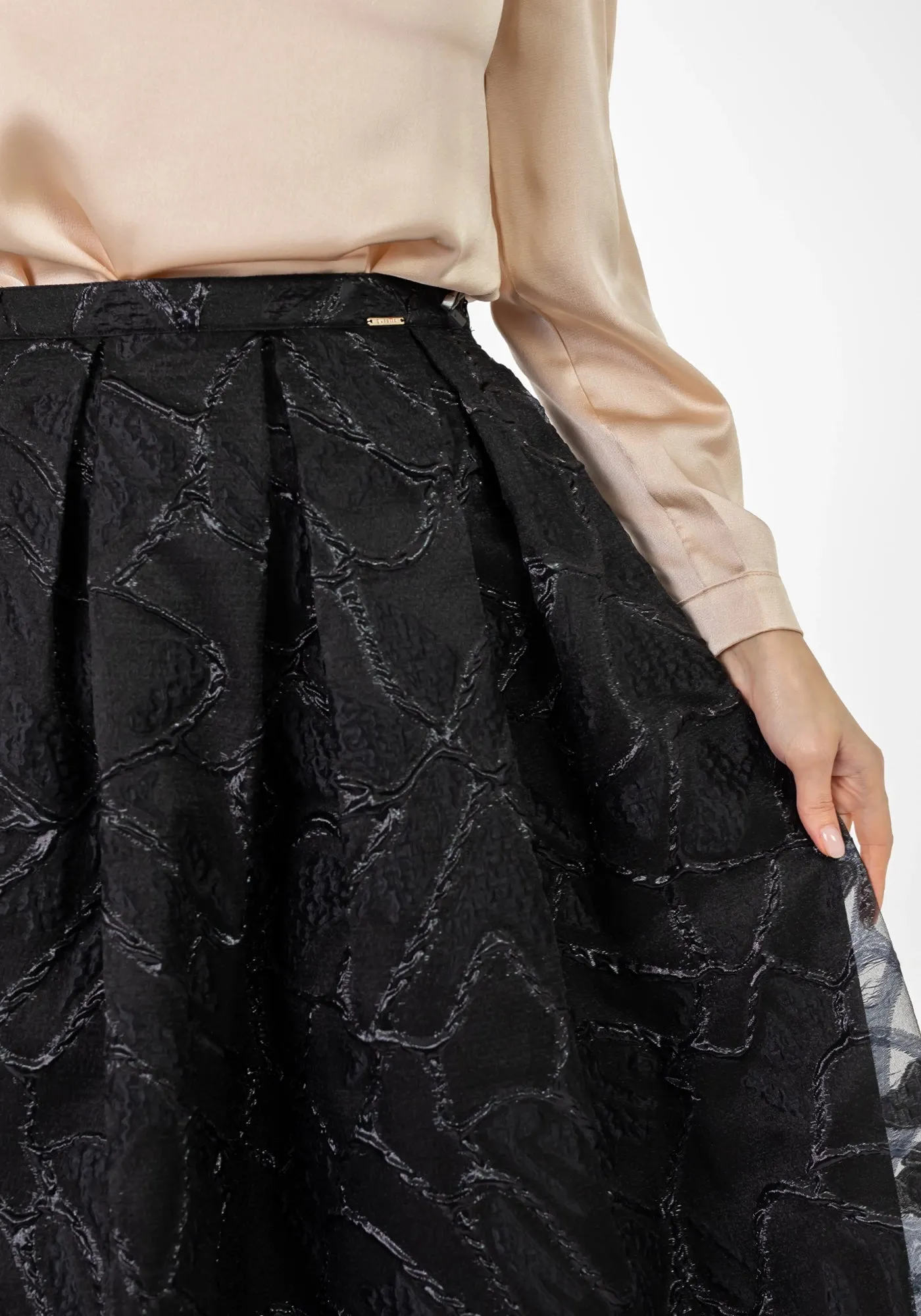 Jacquard Organza Flare Pleated Midi Skirt