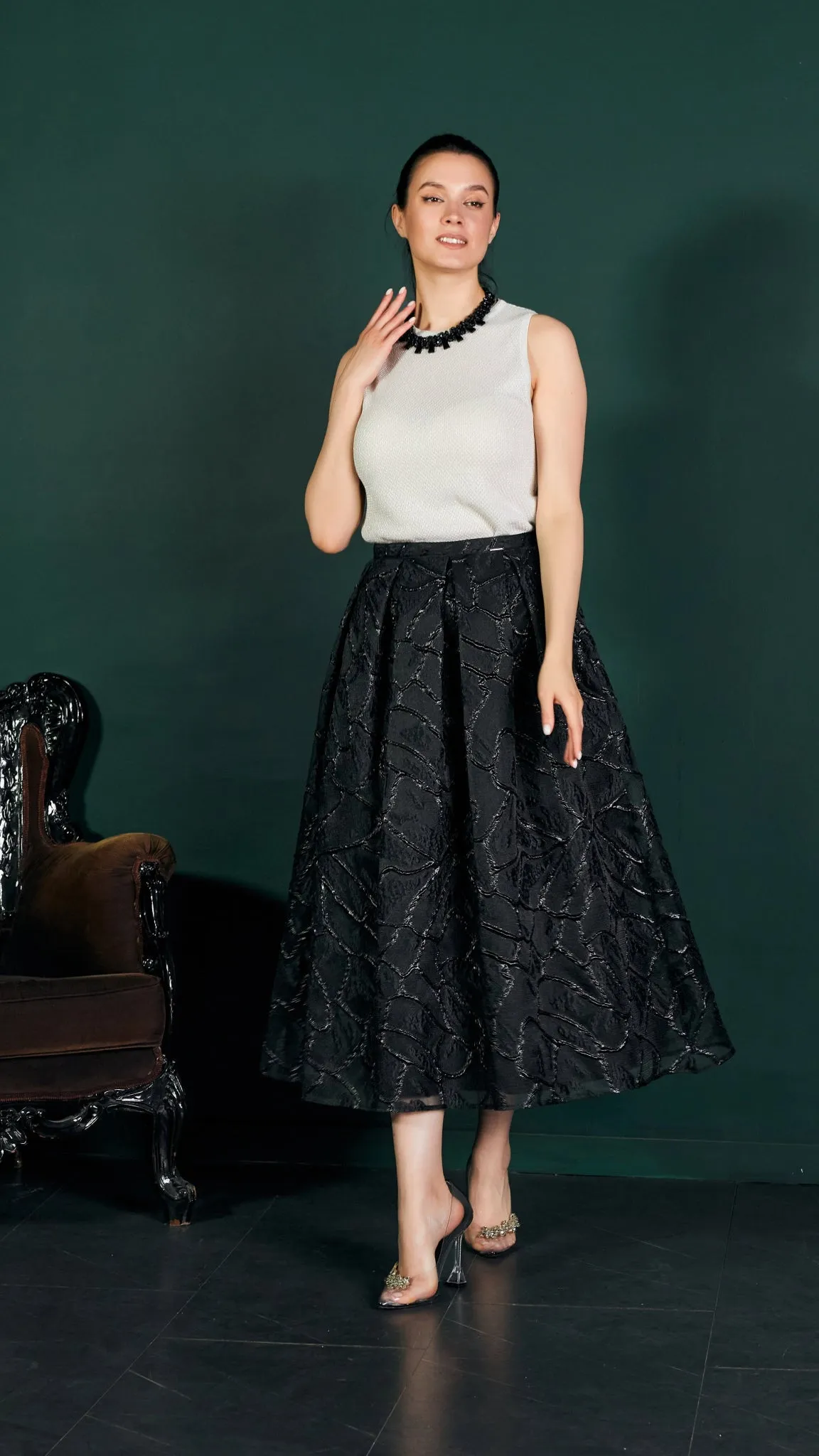 Jacquard Organza Flare Pleated Midi Skirt