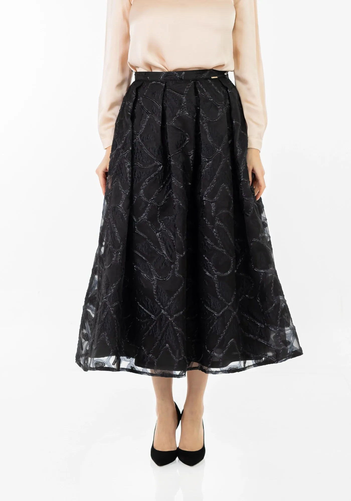 Jacquard Organza Flare Pleated Midi Skirt