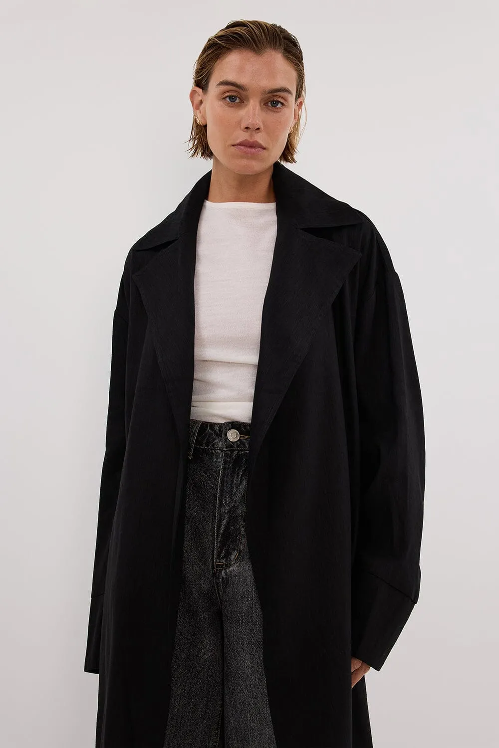 JOSEPHINA BLACK LINEN BLEND TRENCH COAT