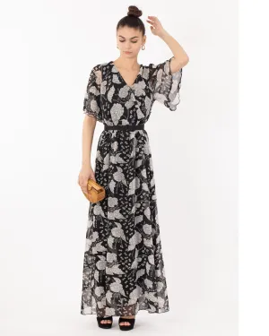 Lady Black Rose Print Chiffon Wrap Maxi Dress