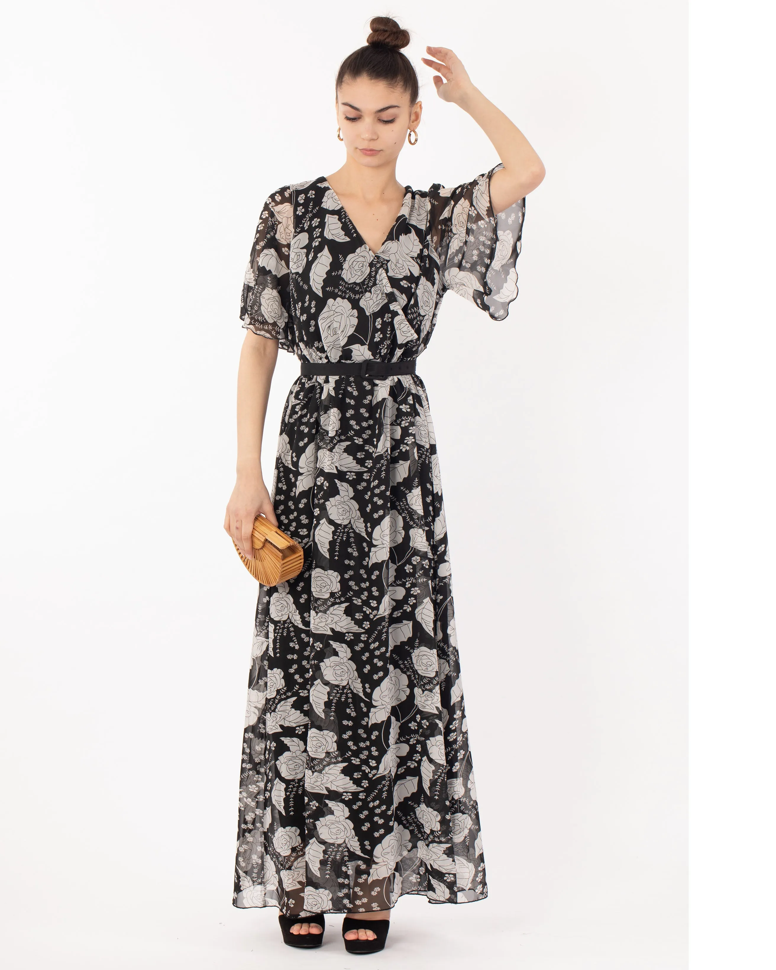 Lady Black Rose Print Chiffon Wrap Maxi Dress