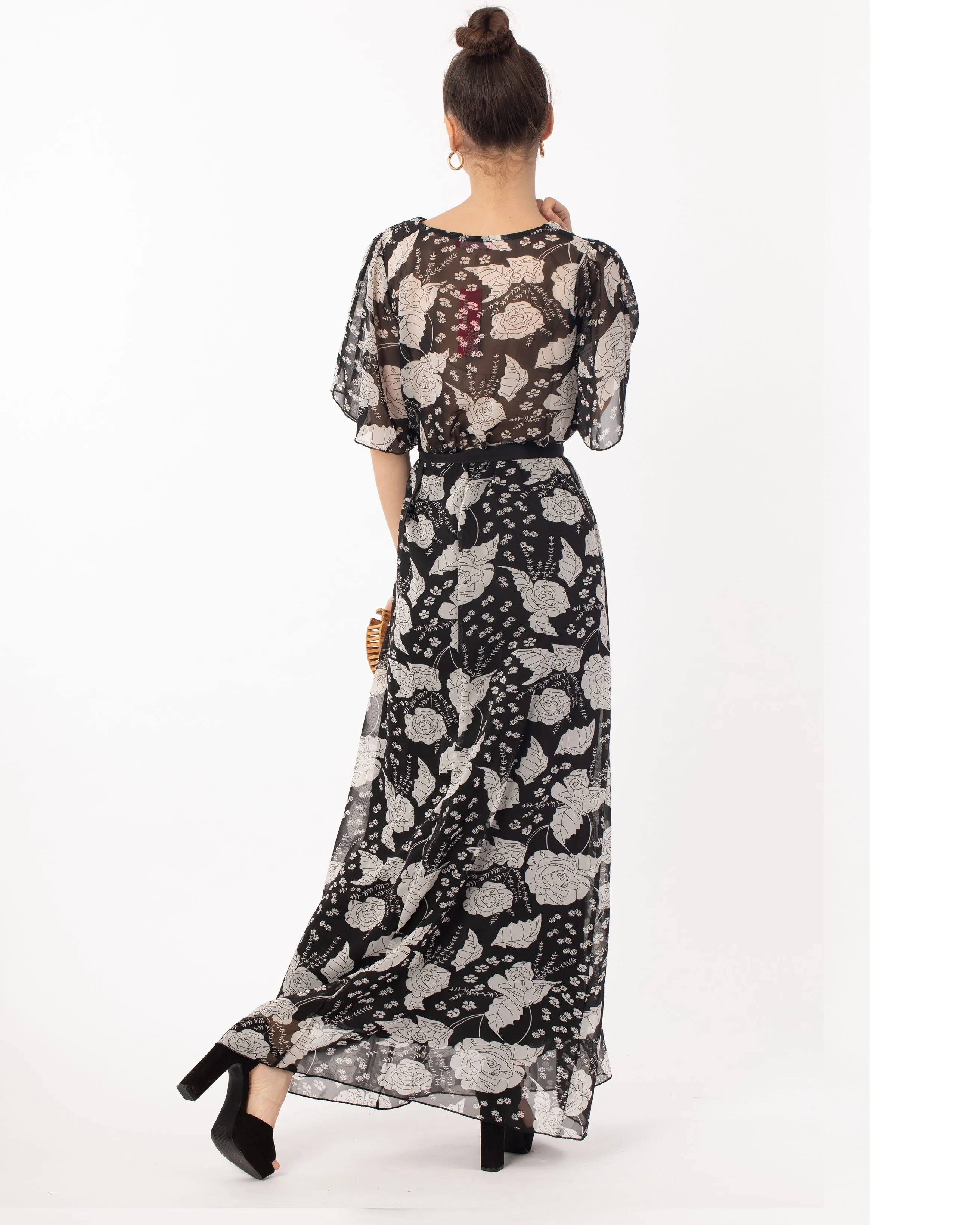 Lady Black Rose Print Chiffon Wrap Maxi Dress