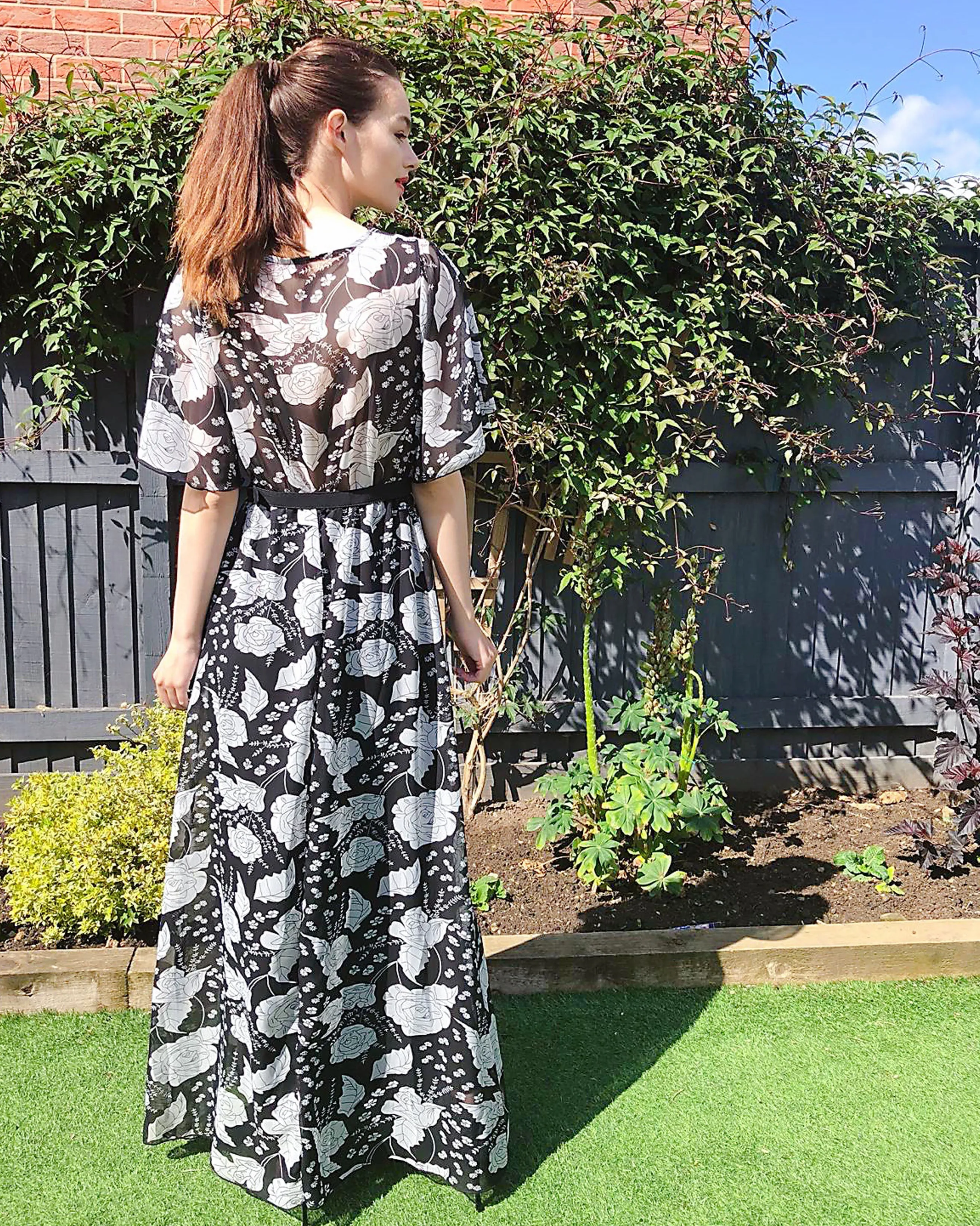 Lady Black Rose Print Chiffon Wrap Maxi Dress
