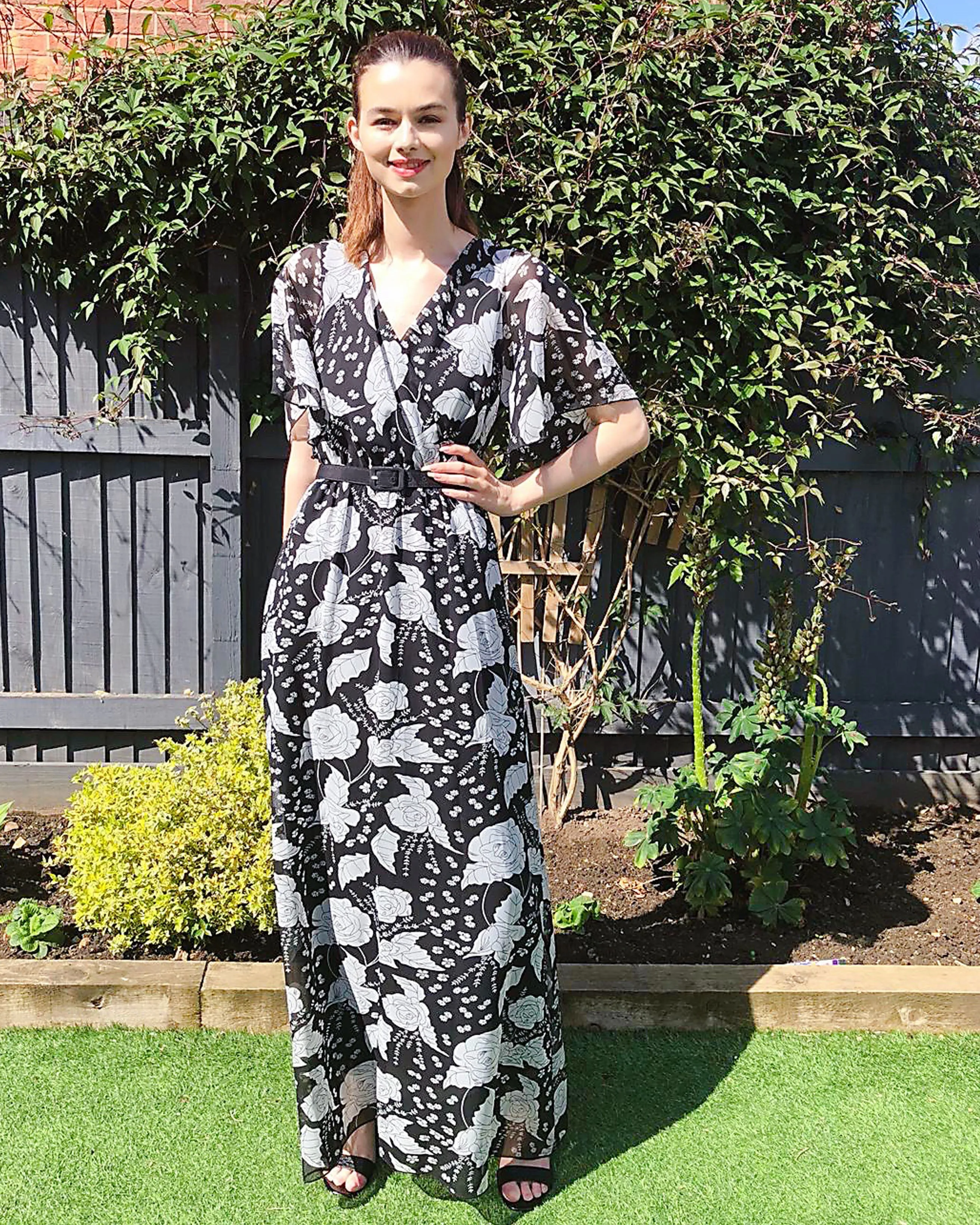 Lady Black Rose Print Chiffon Wrap Maxi Dress