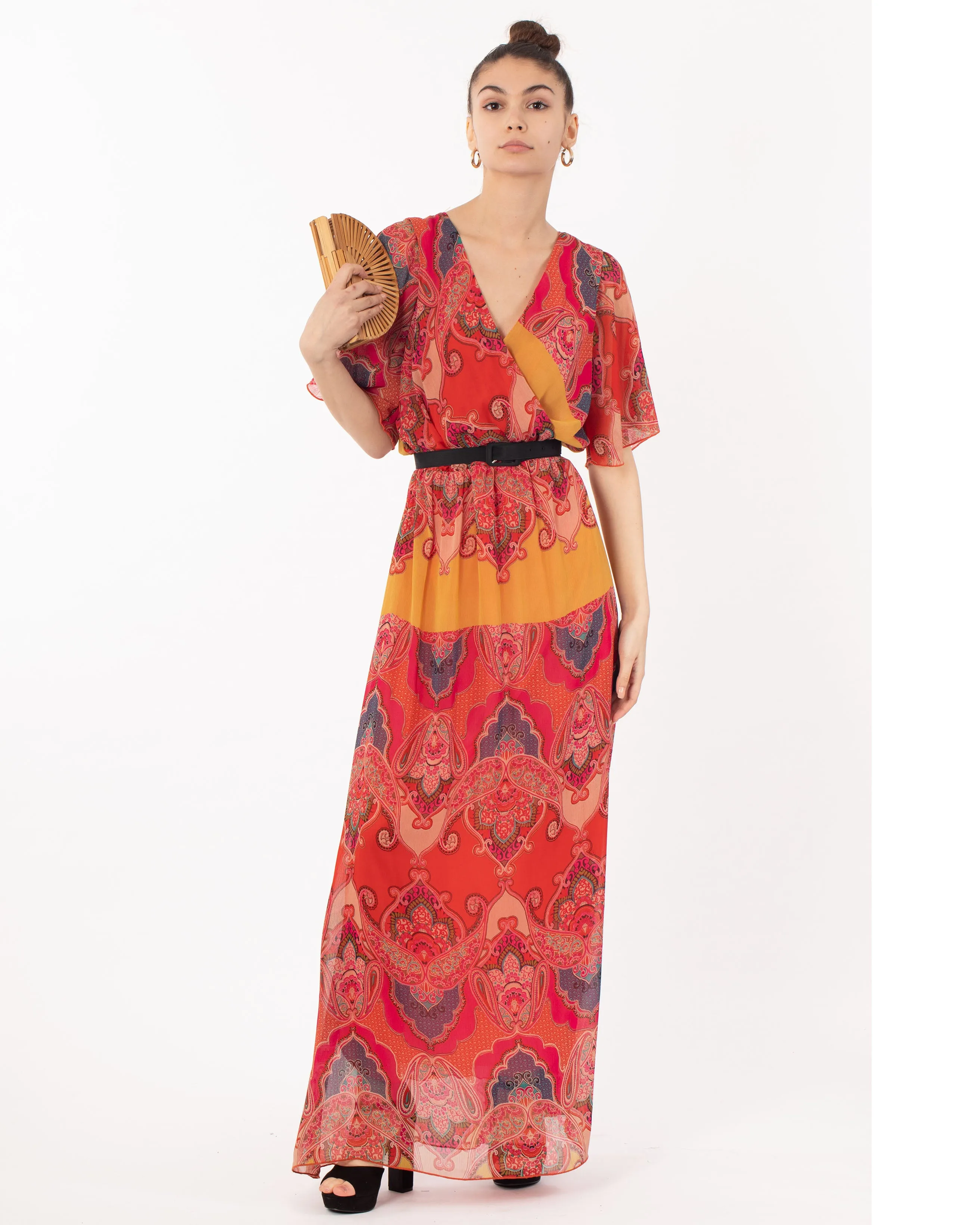 Lady Red Paisley Print Chiffon Wrap Maxi Dress