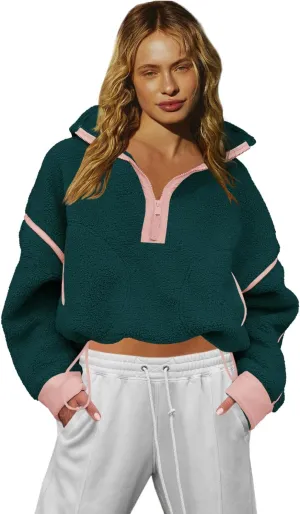 LAMISSCHE Half Zip Sweatshirt Women Oversized Sherpa Jacket V Neck Fleece Pullover Hoodie with Pockets