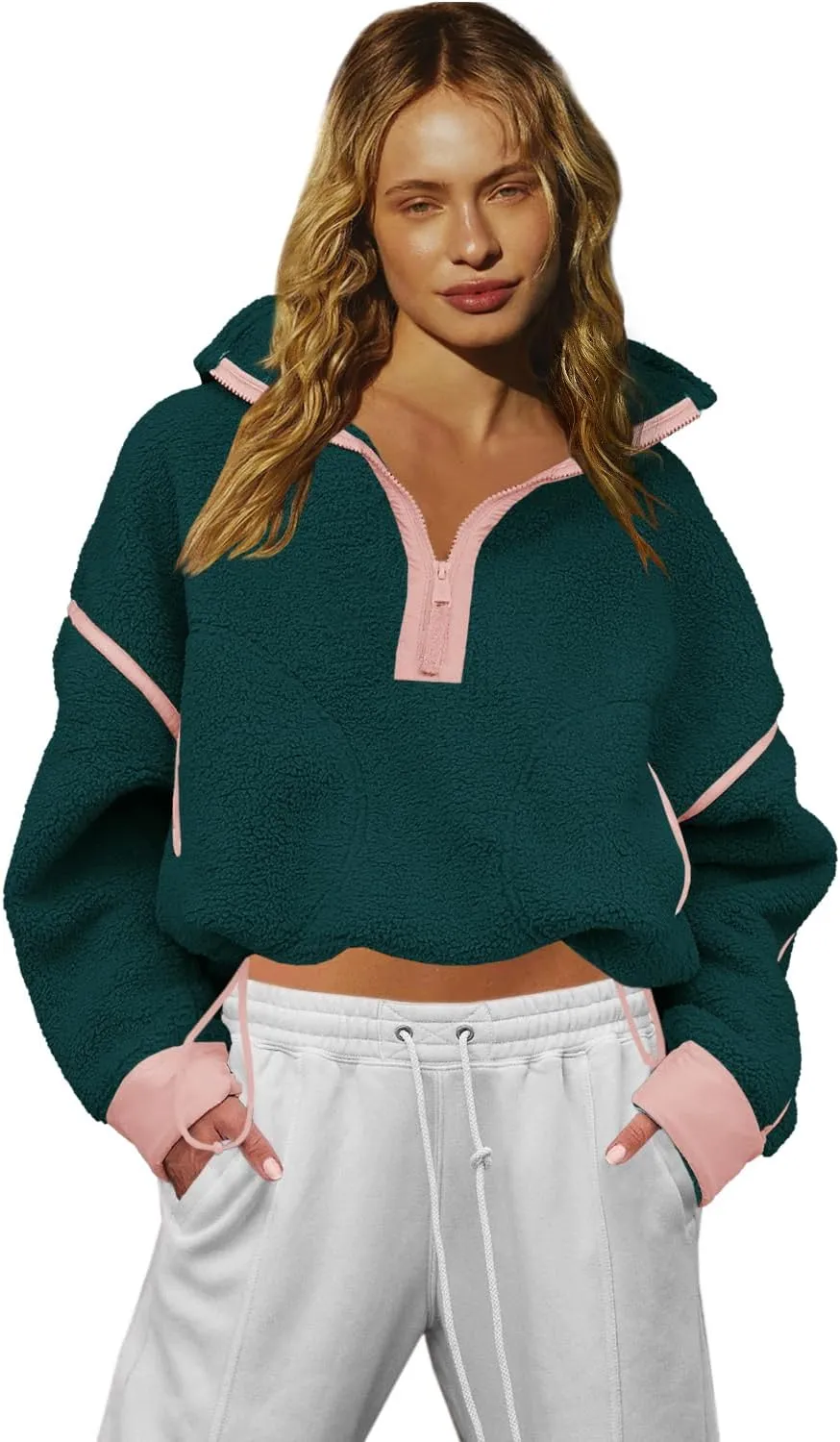 LAMISSCHE Half Zip Sweatshirt Women Oversized Sherpa Jacket V Neck Fleece Pullover Hoodie with Pockets